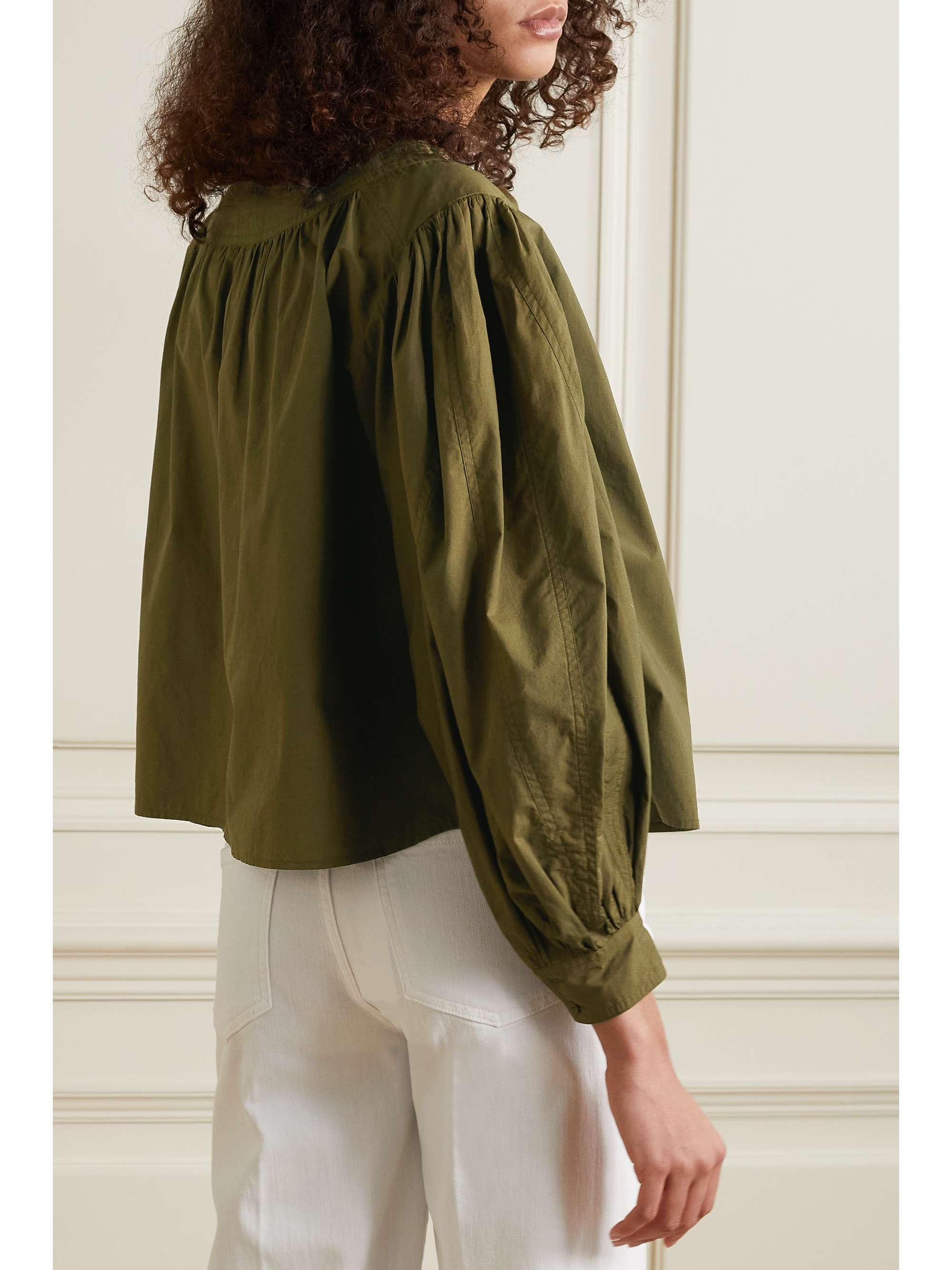 ULLA JOHNSON Delaney canvas-trimmed gathered cotton-poplin blouse