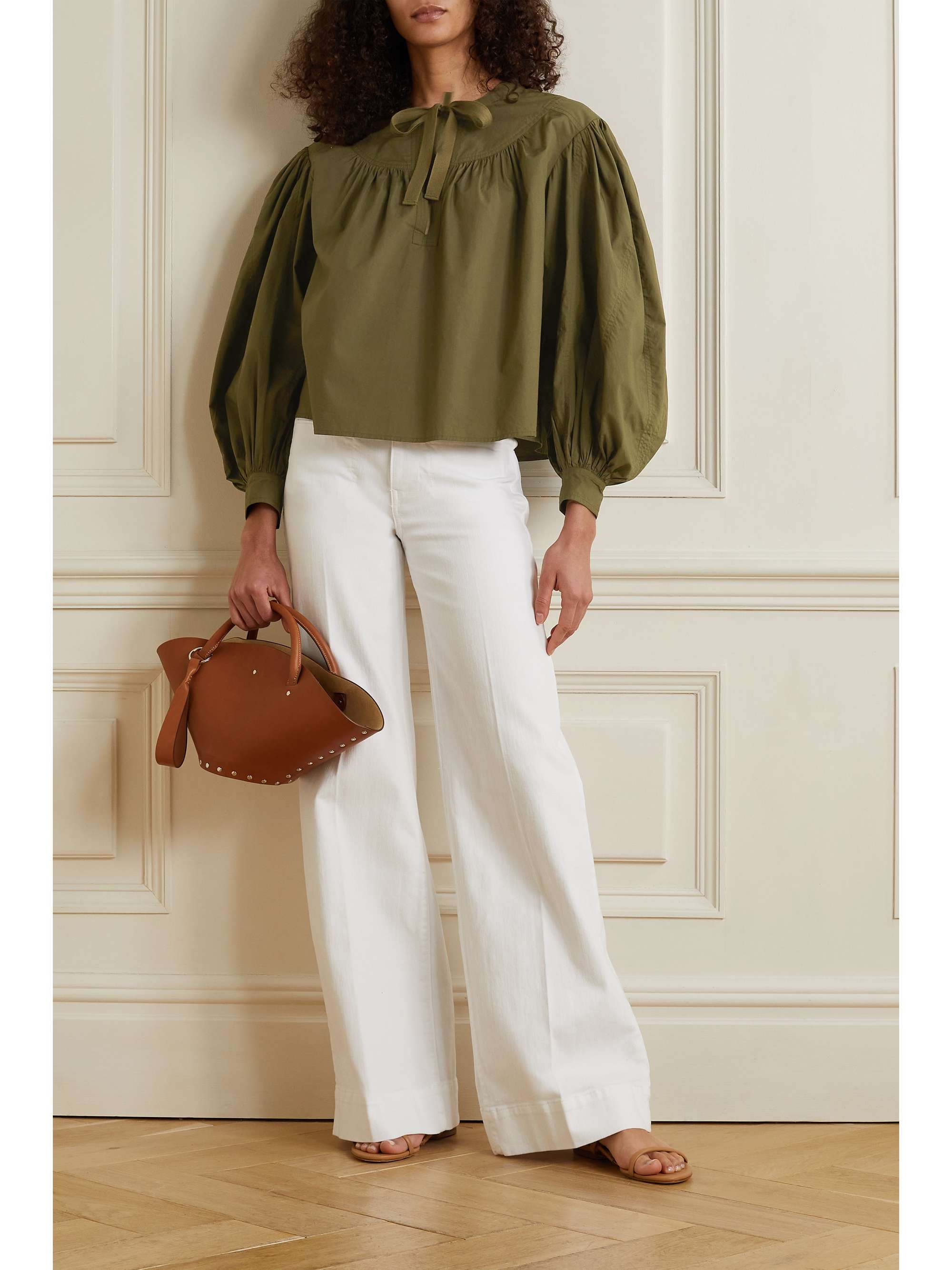 ULLA JOHNSON Delaney canvas-trimmed gathered cotton-poplin blouse