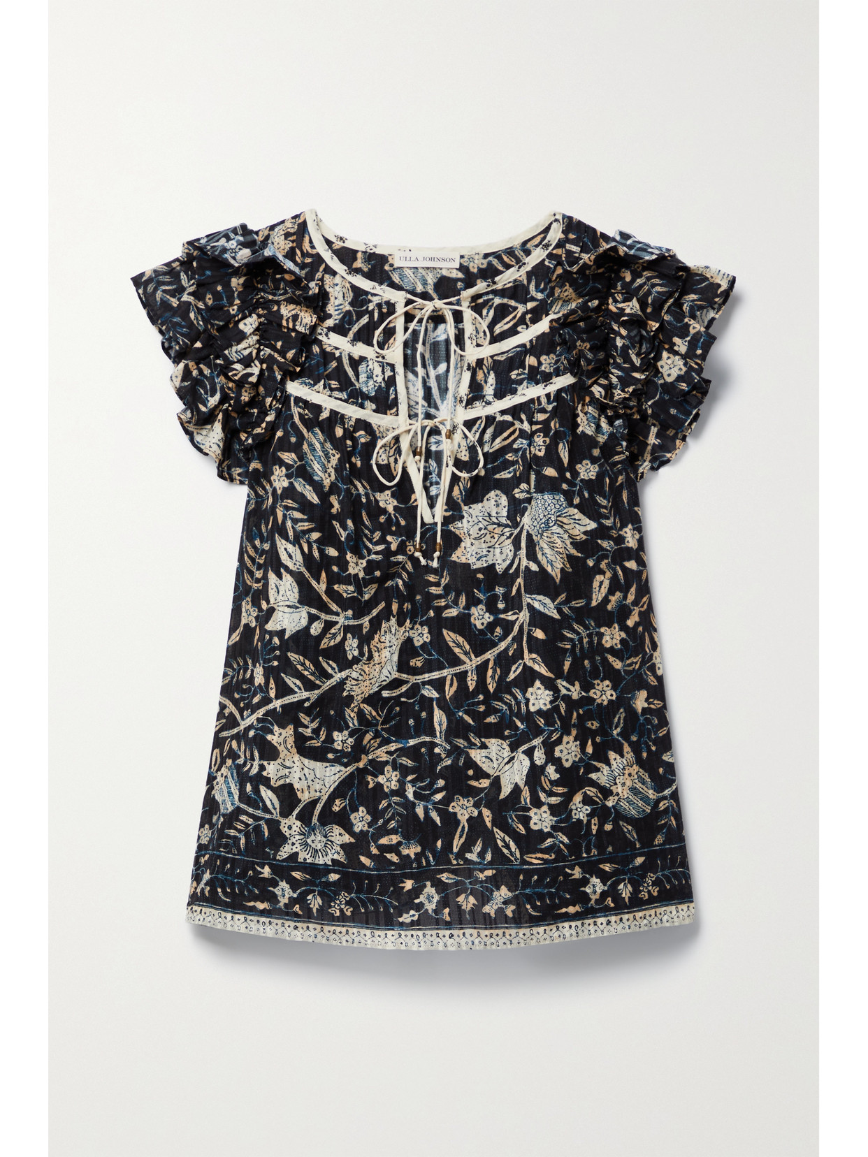 ULLA JOHNSON ASMARA RUFFLED PRINTED COTTON-BLEND VOILE TOP