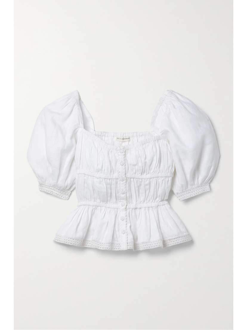 Ulla Johnson Harley Crochet-trimmed Shirred Linen Blouse