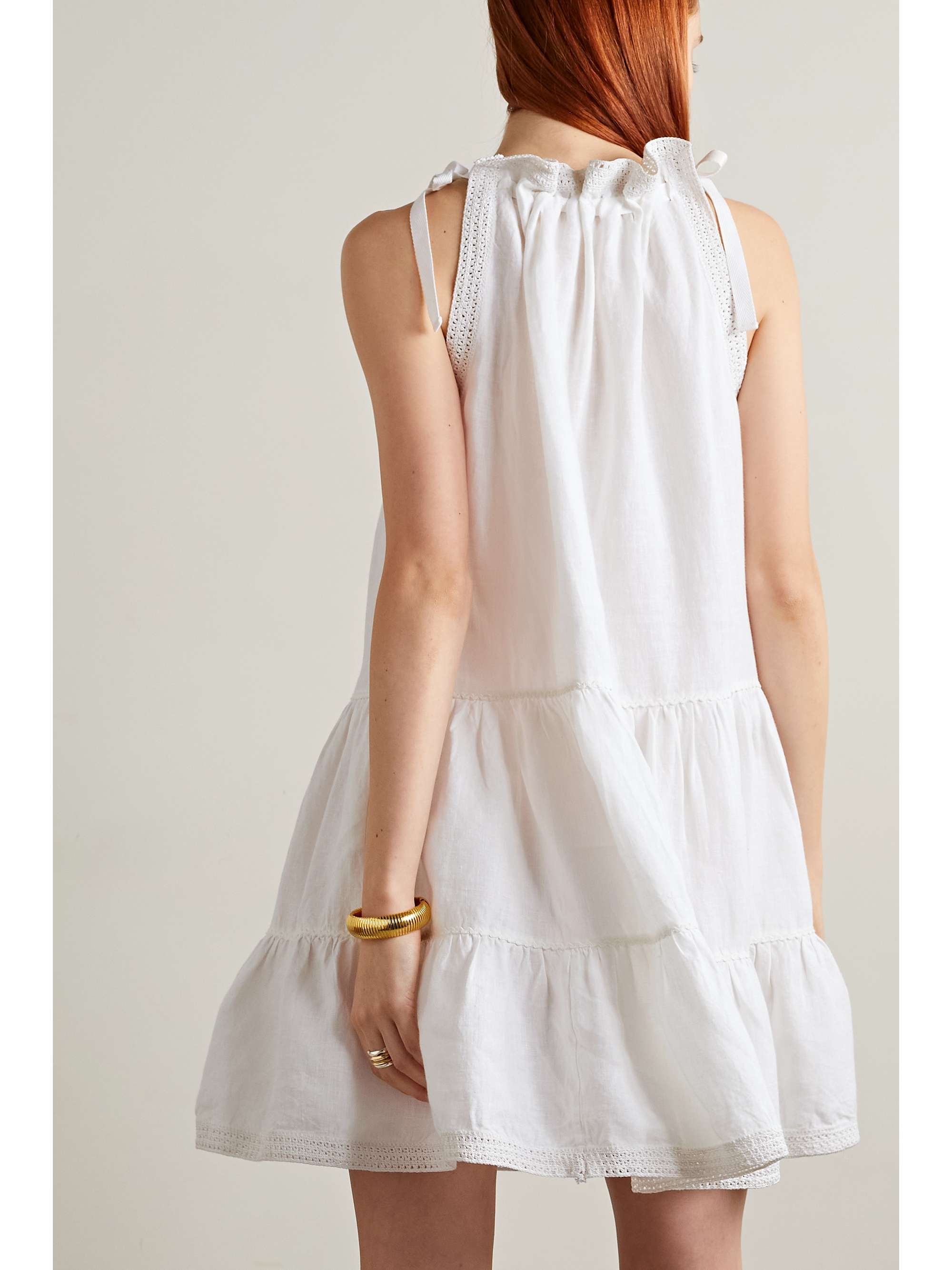ULLA JOHNSON Corianne crochet-trimmed tiered linen mini dress
