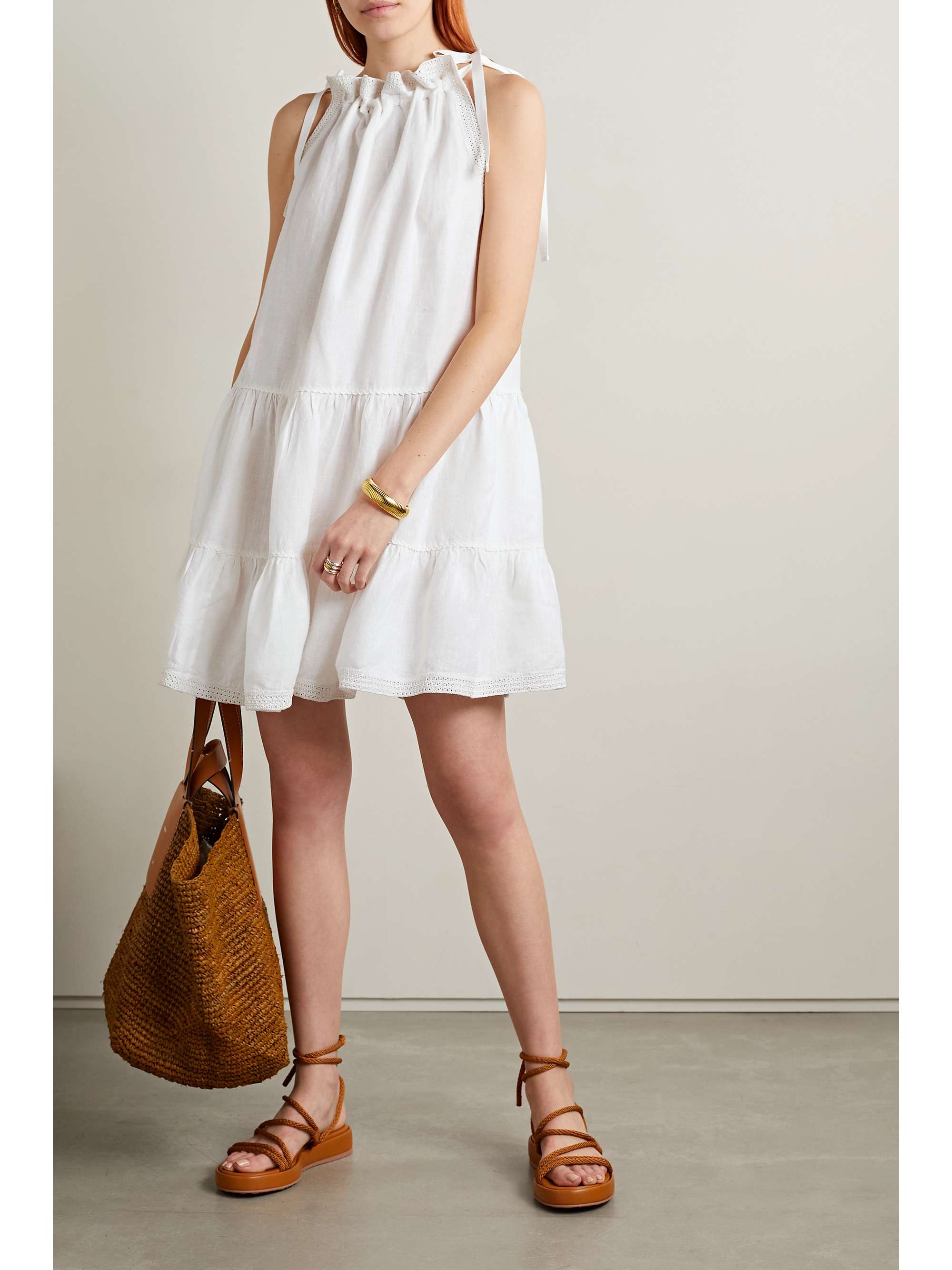 ULLA JOHNSON Corianne crochet-trimmed tiered linen mini dress