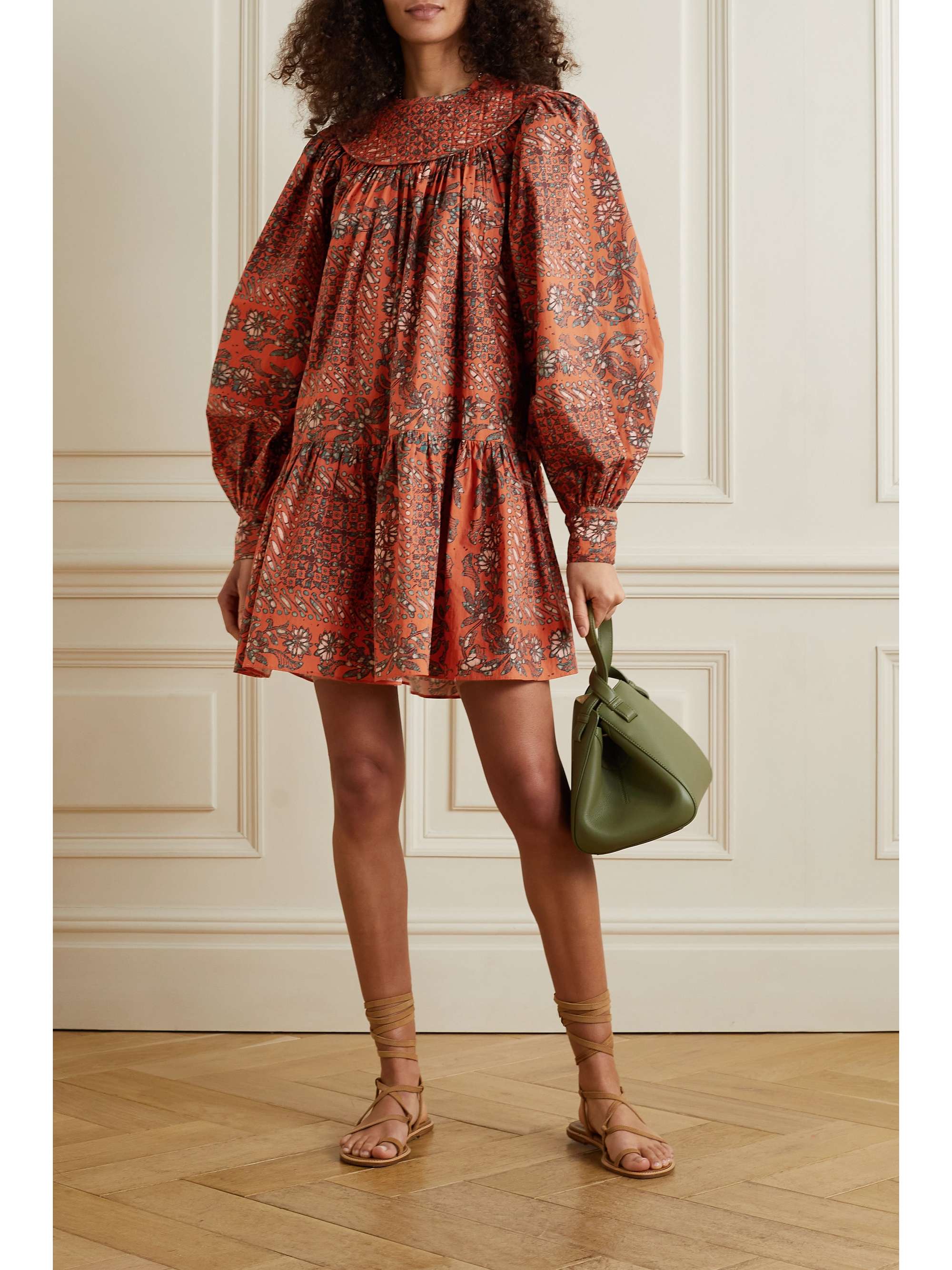 ULLA JOHNSON Ria  gathered printed cotton-poplin mini dress