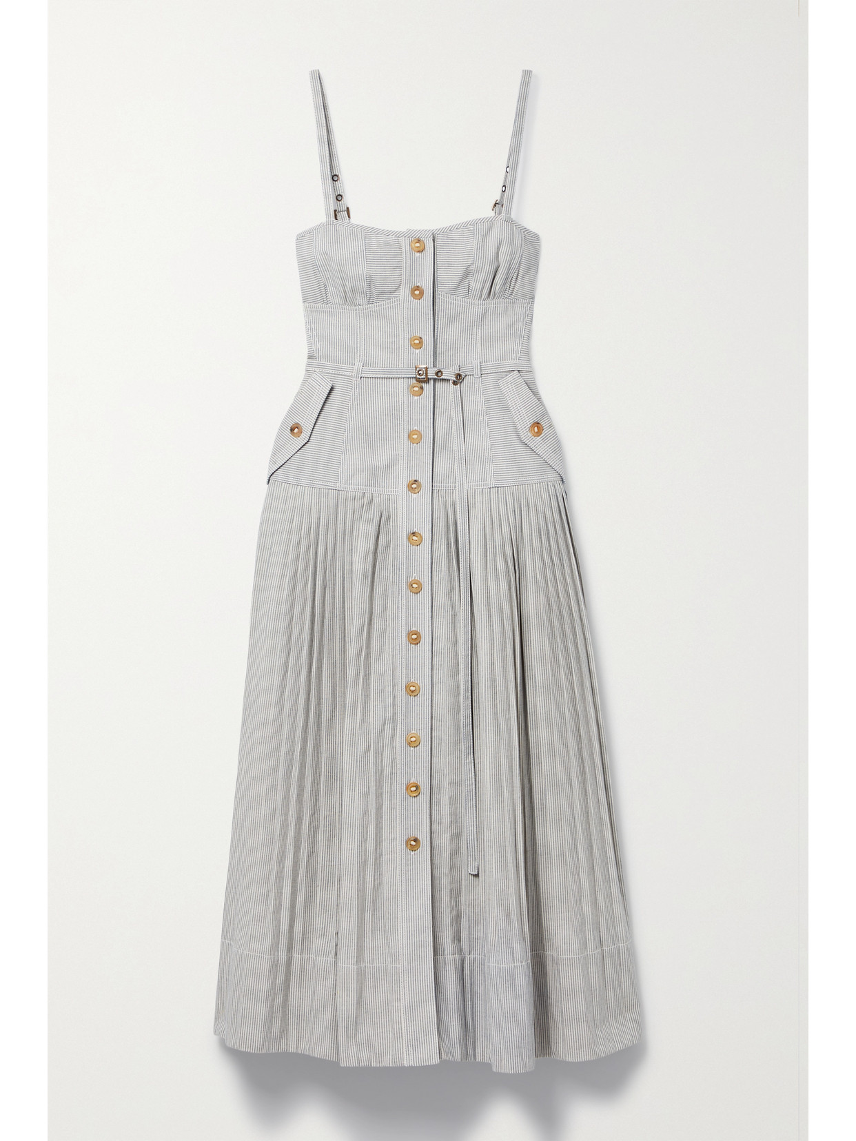 Ulla Johnson Cleo Belted Pleated Striped Cotton-canvas Midi Dress In