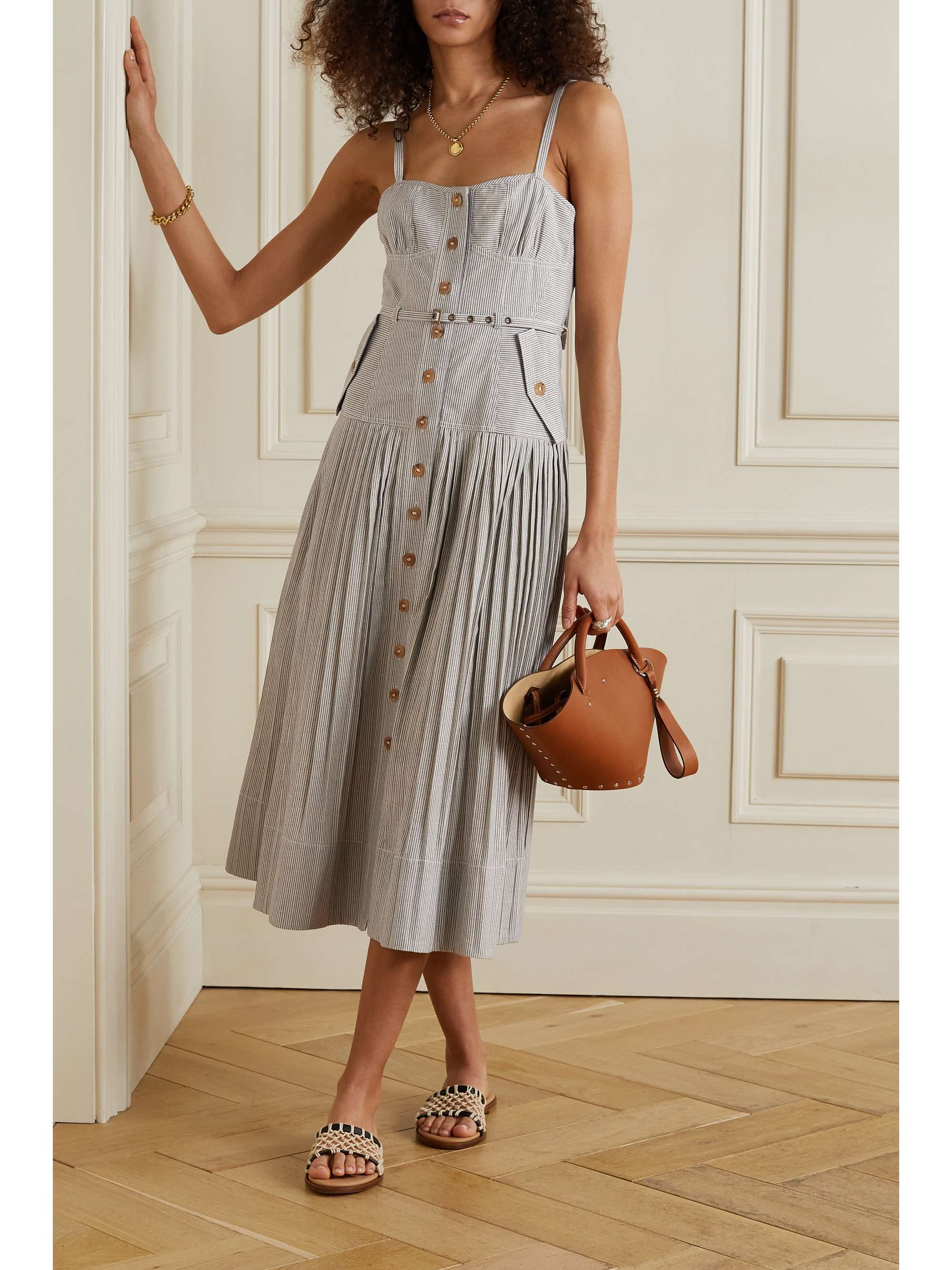 ULLA JOHNSON Cleo belted pleated striped cotton-canvas midi dress |  NET-A-PORTER