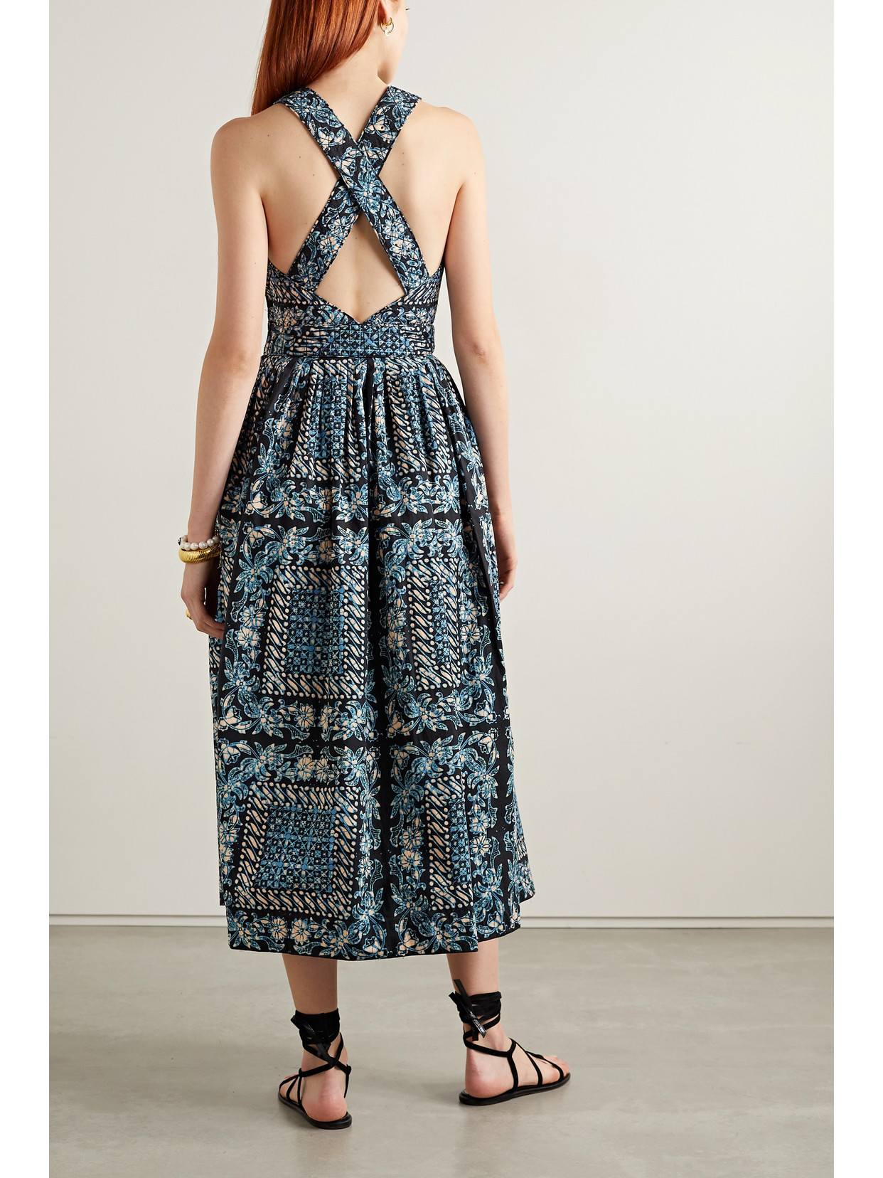 Ulla Johnson Kerani Printed High Square-neck Pleated Midi Dress In Blue
