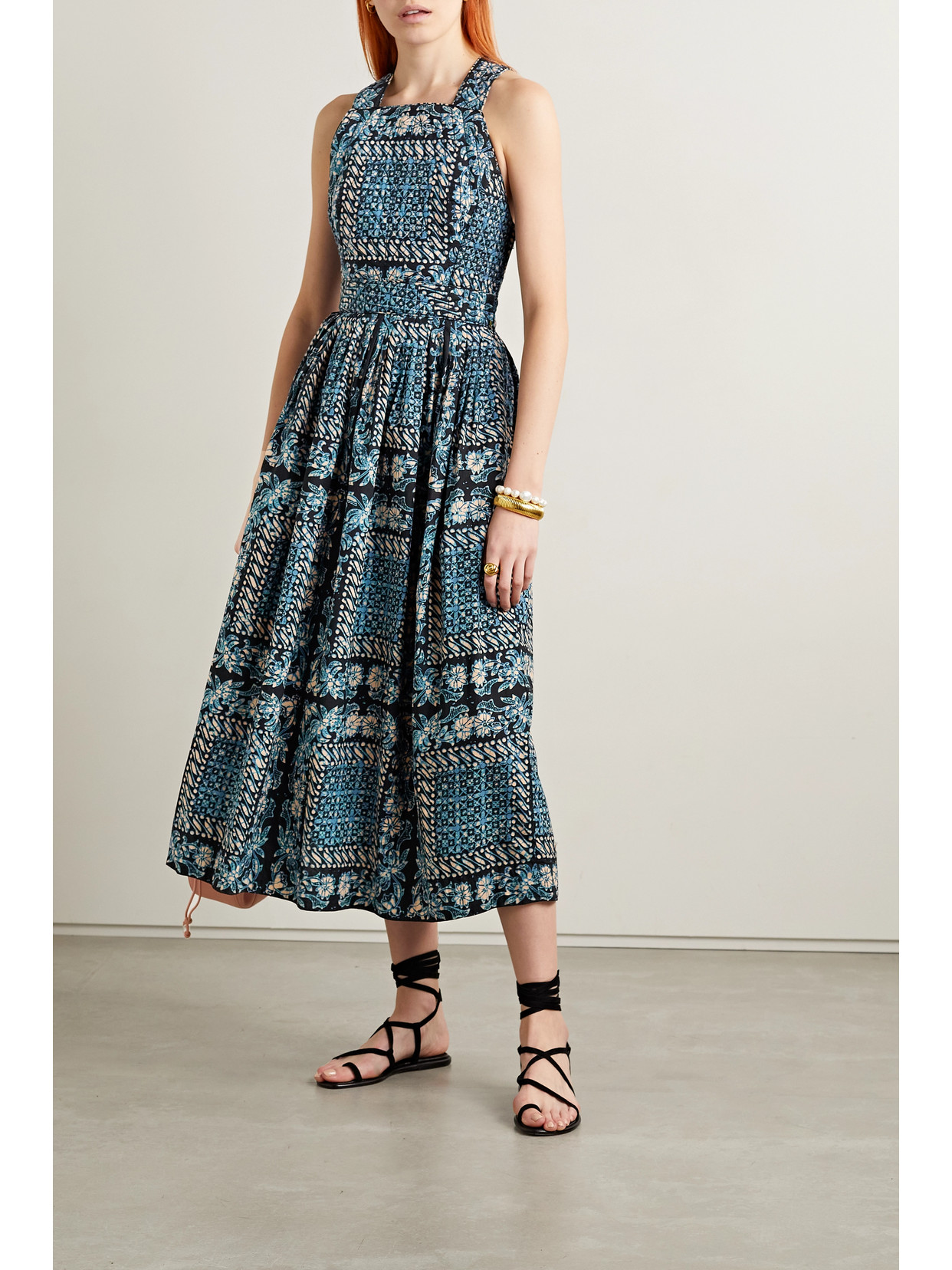 Ulla Johnson Kerani Printed High Square-neck Pleated Midi Dress In Blue