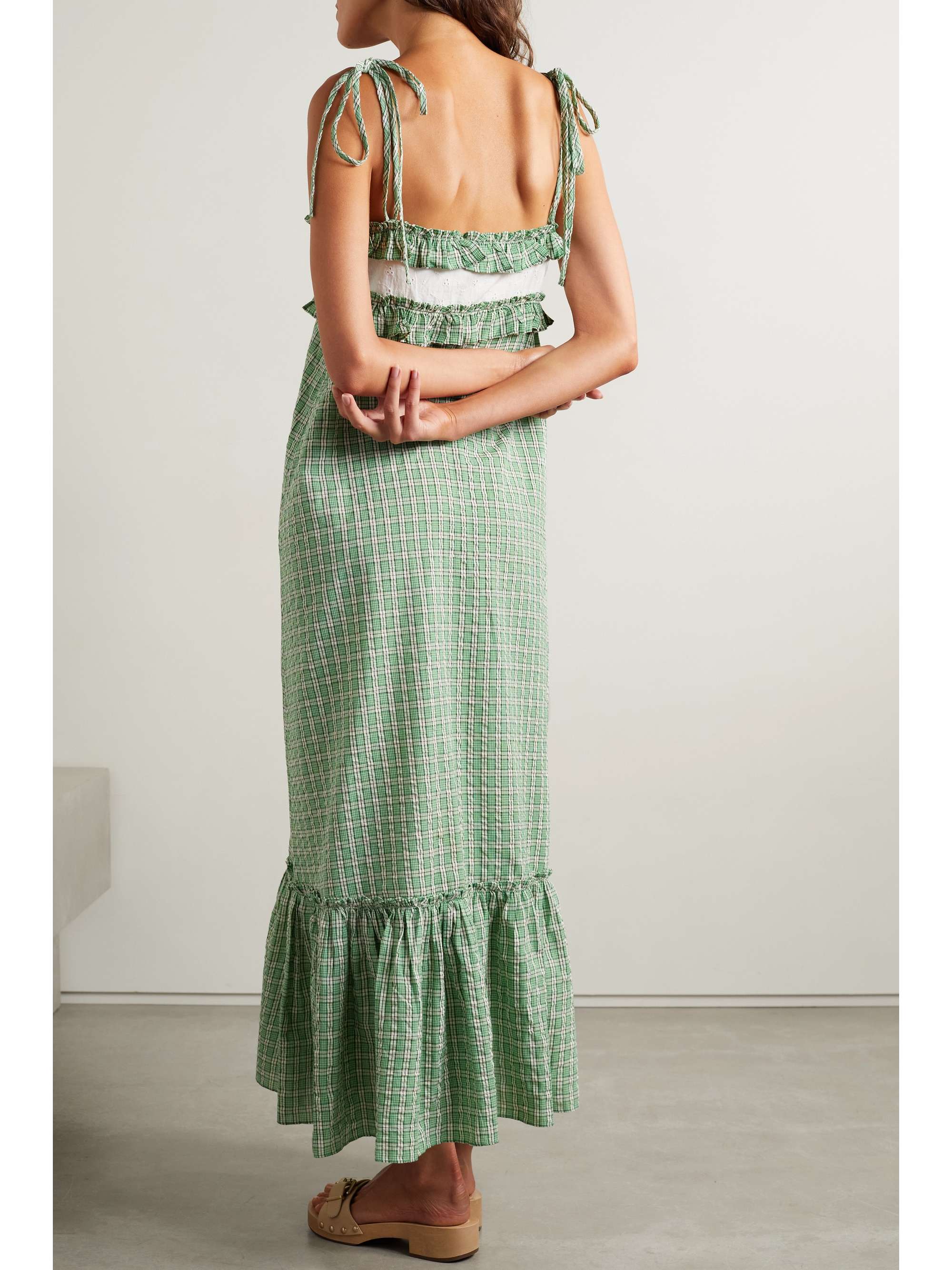 RIXO Annabel broderie anglaise-trimmed checked cotton-seersucker midi dress