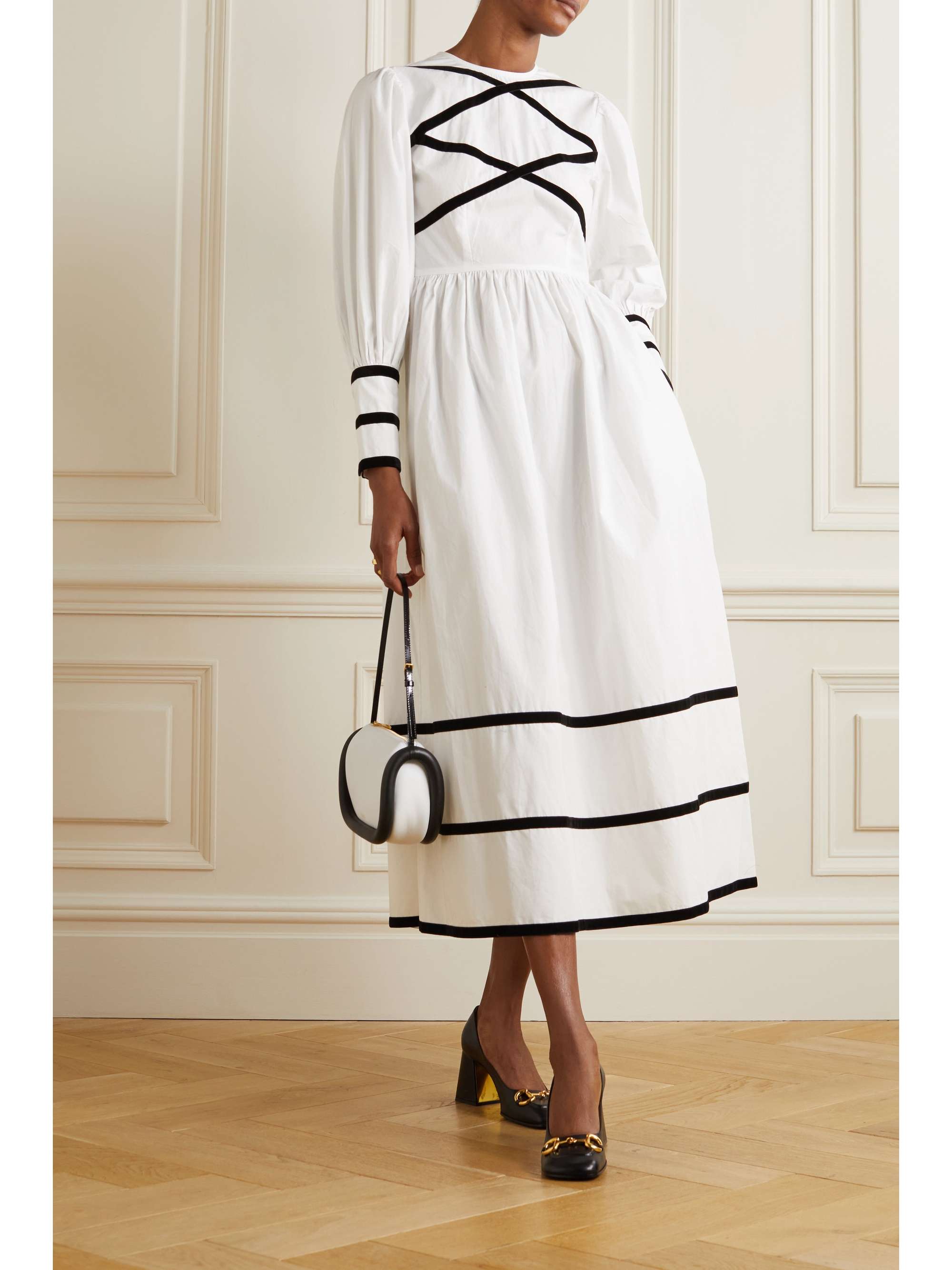 BATSHEVA Clemmie velvettrimmed cottonpoplin midi dress NETAPORTER