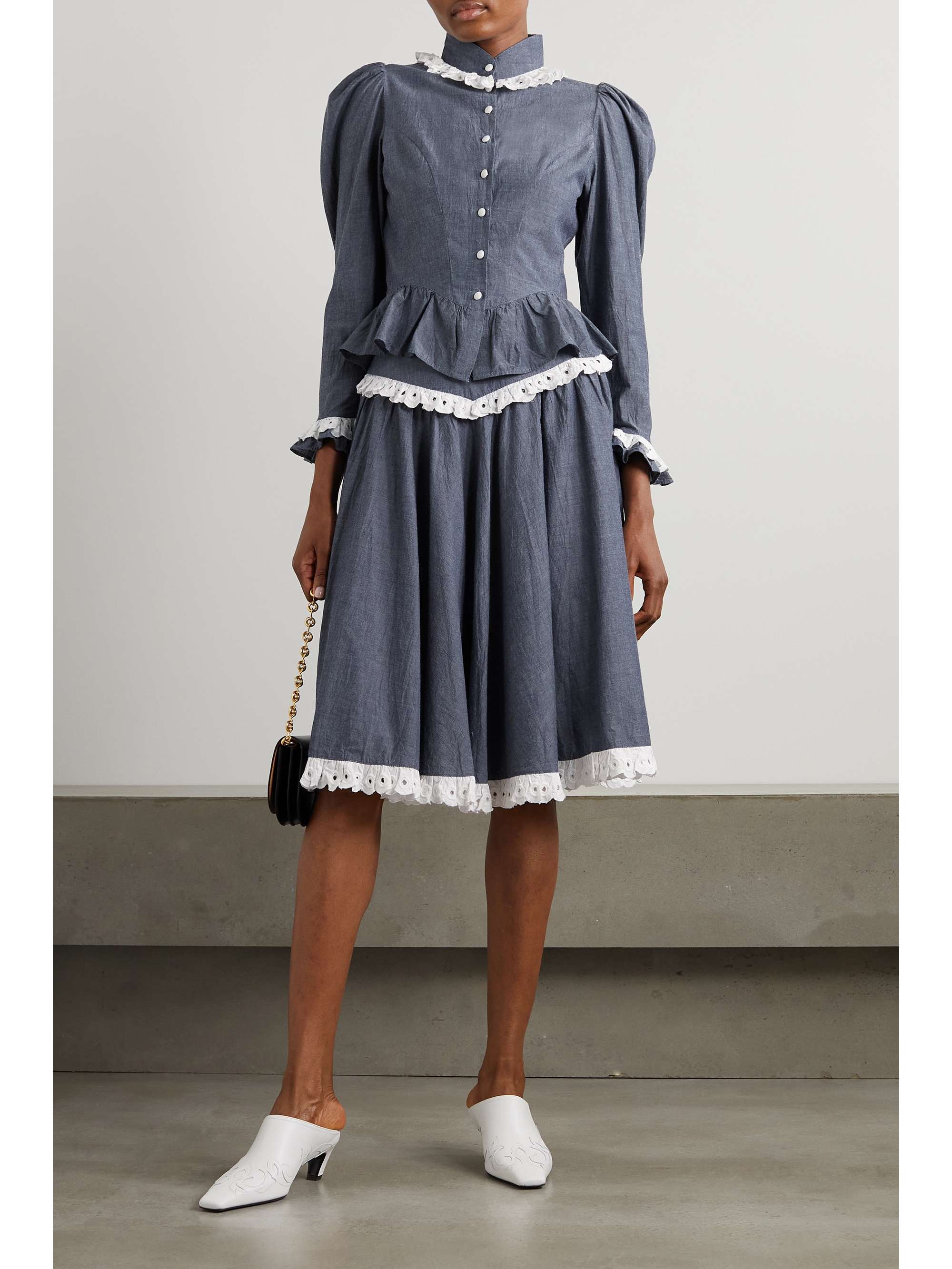 BATSHEVA Grace broderie anglaise-trimmed cotton-chambray blouse