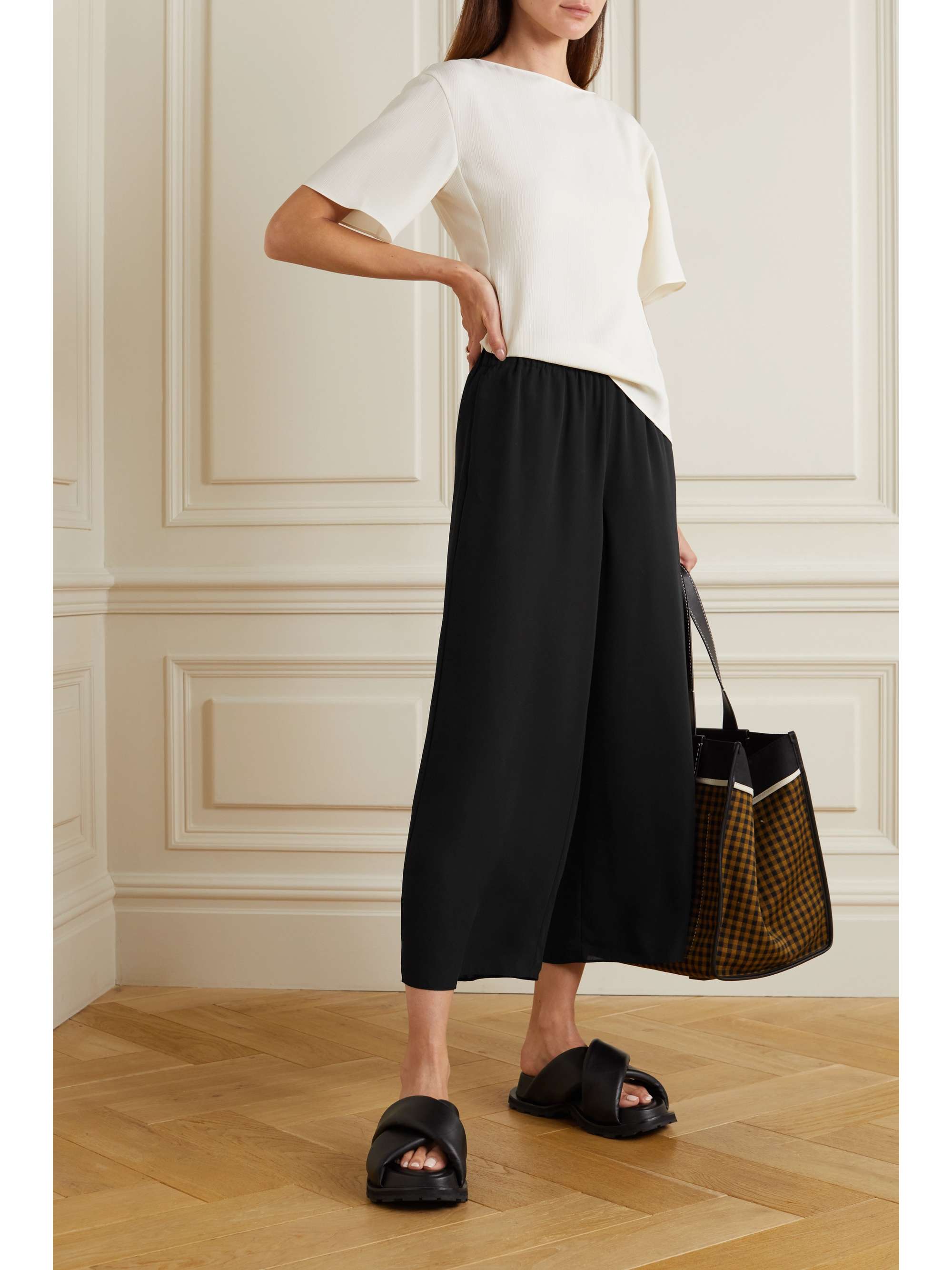 Black Cropped georgette wide-leg pants 
