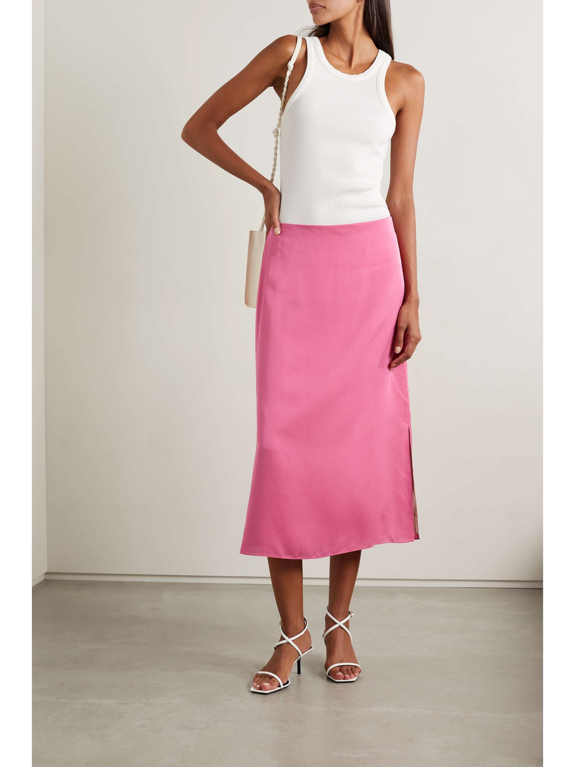 pink silk skirt