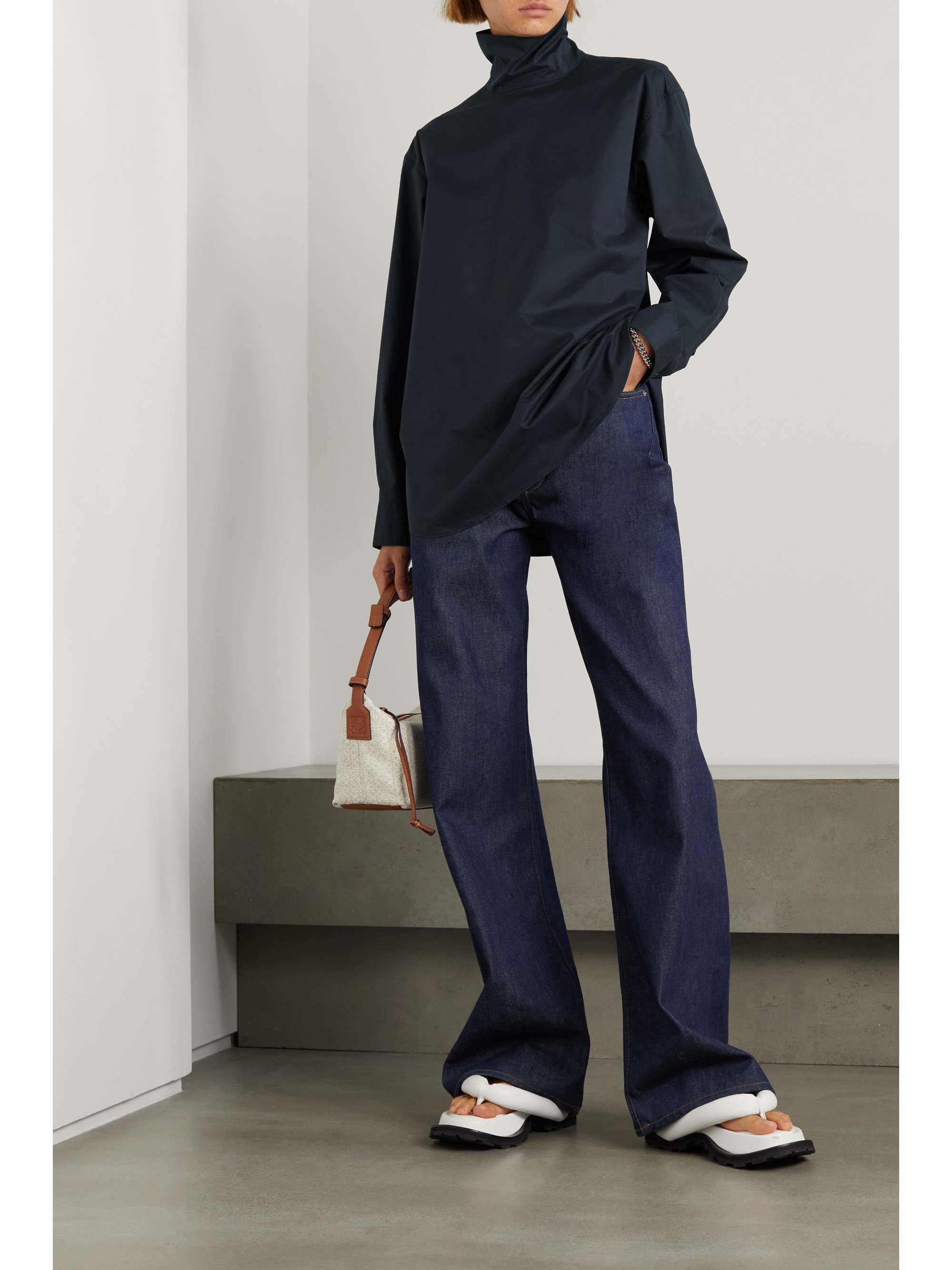 Navy Cotton-blend poplin turtleneck top 