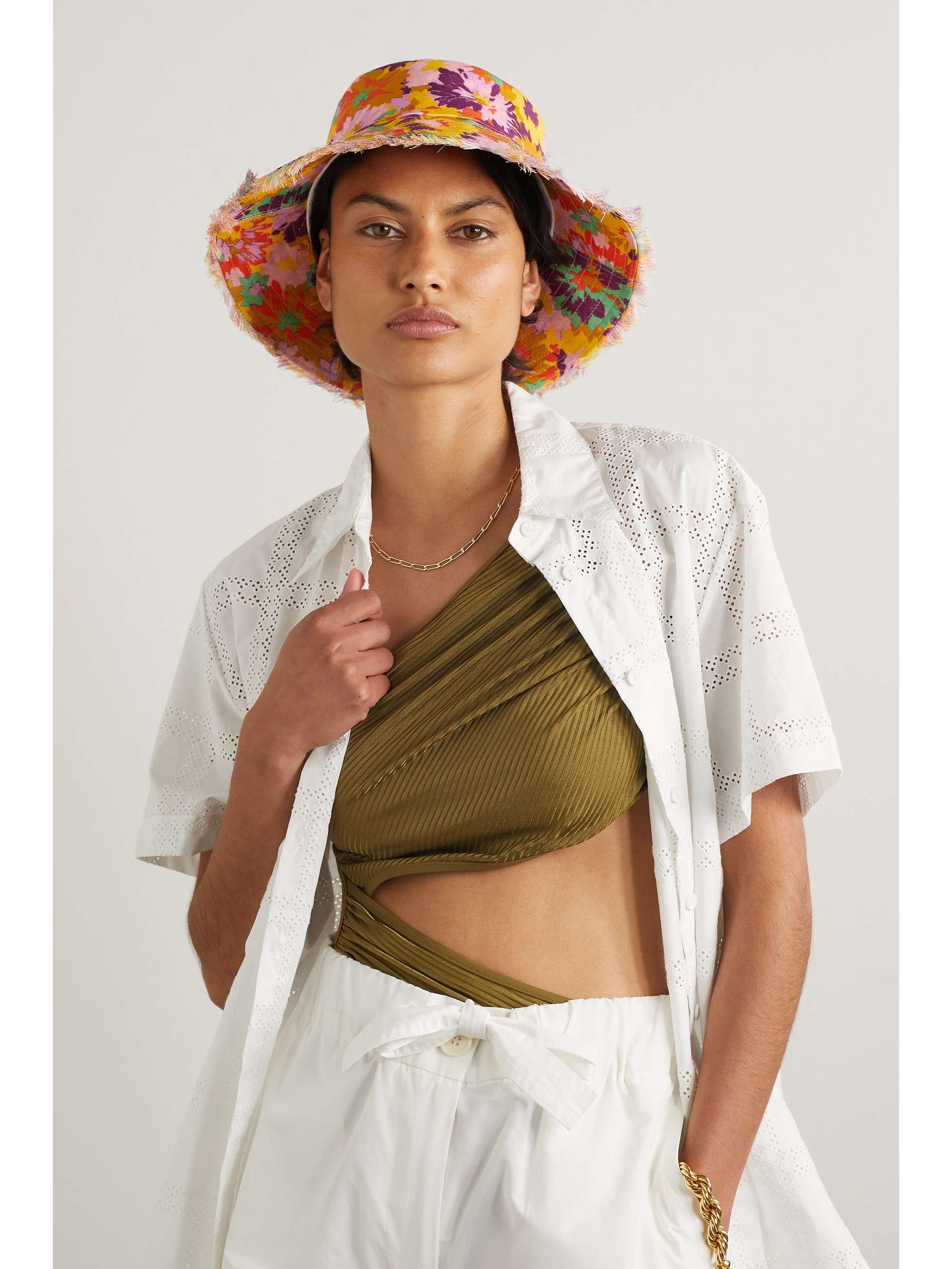 ZIMMERMANN Frayed printed linen bucket hat NETAPORTER