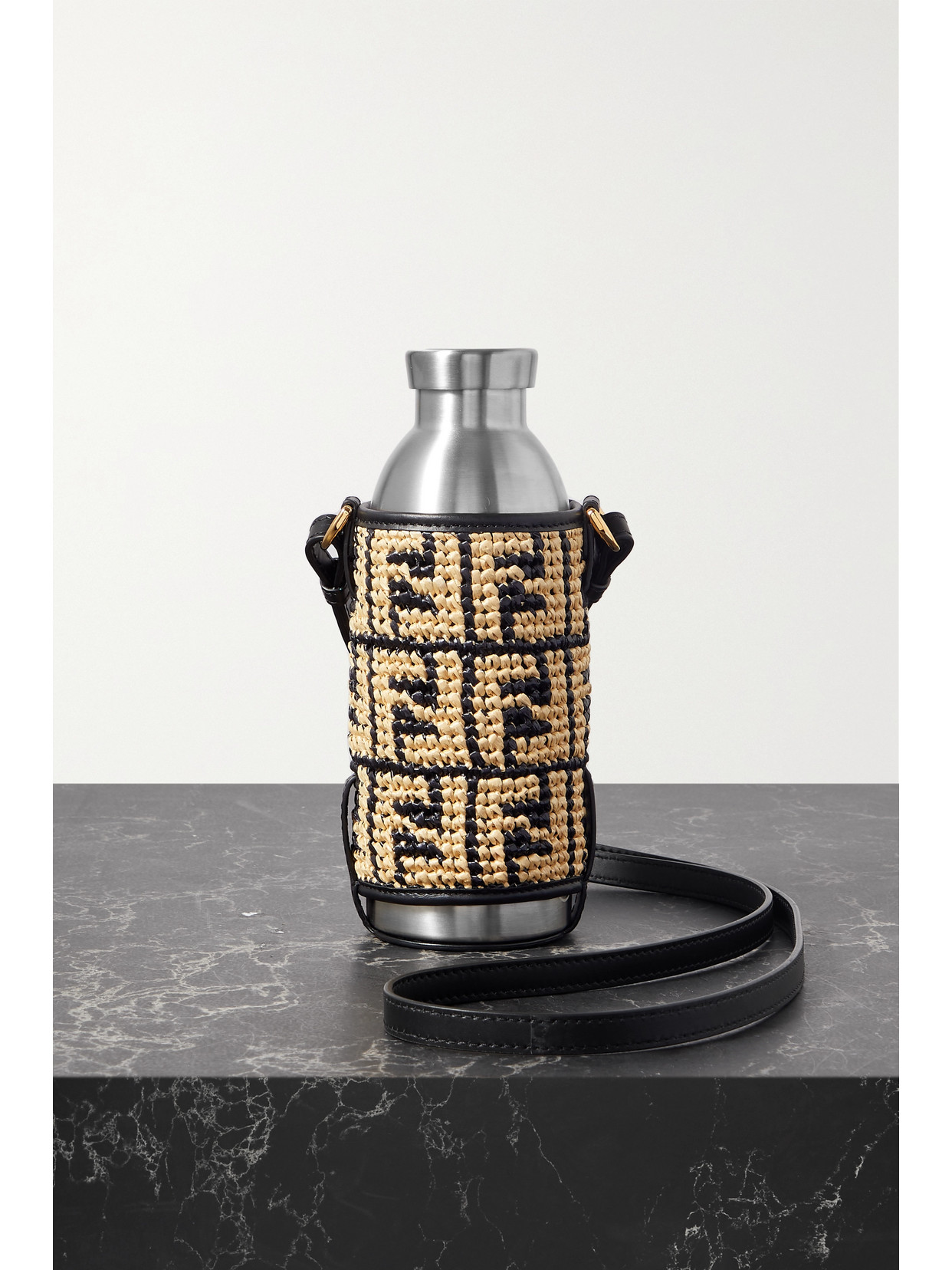 Fendi Woven Raffia Bag And Brushed Steel Bottle In Brown | ModeSens