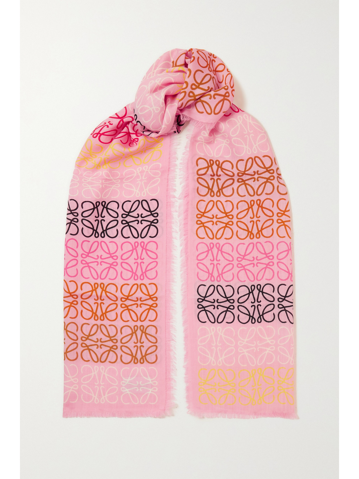 Loewe Fringed Printed Wool, Silk And Cashmere-blend Scarf In Pink