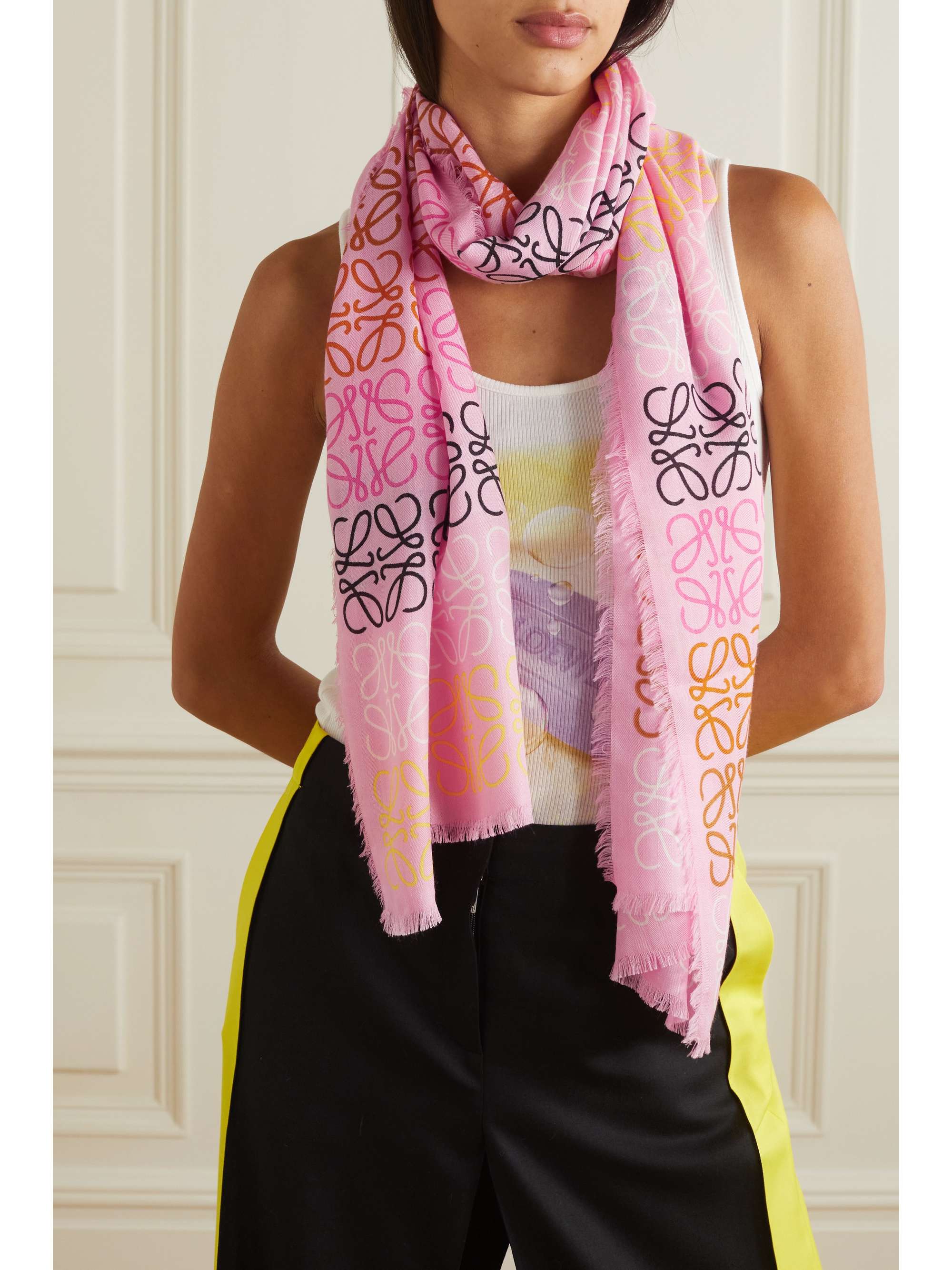 LOEWE Fringed printed wool, silk and cashmere-blend scarf
