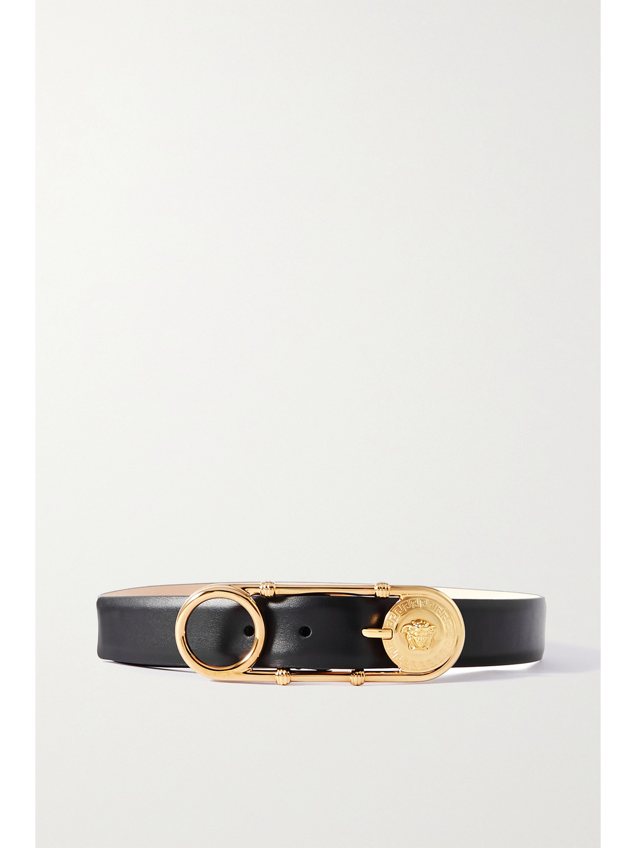 Versace Medusa Safety Pin Leather Belt In Black