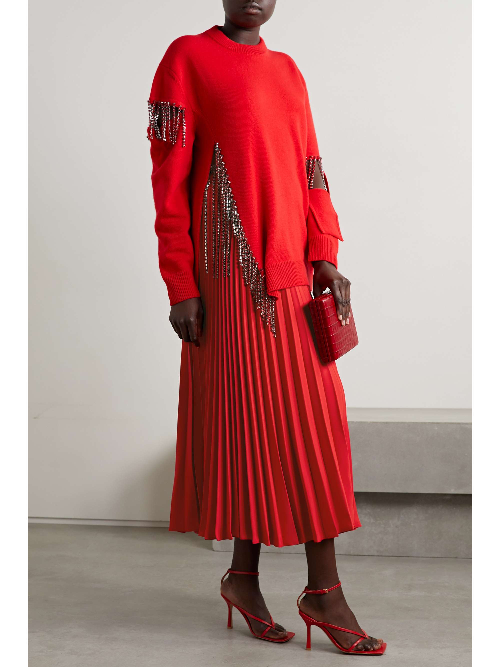 CHRISTOPHER KANE 水晶缀饰褶裥绉纱中长半身裙