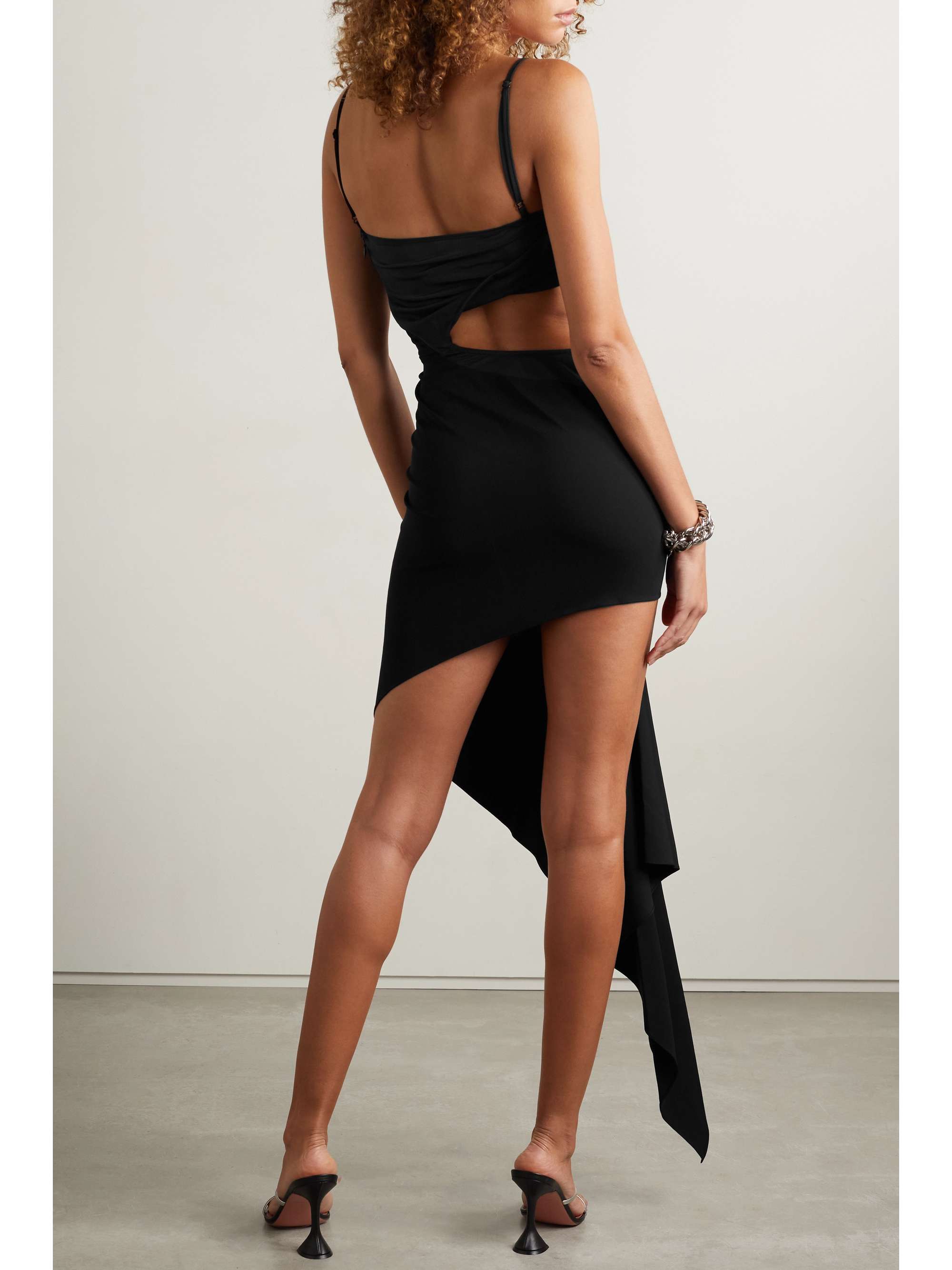 MUGLER Asymmetric cutout tulle-trimmed stretch-jersey mini dress