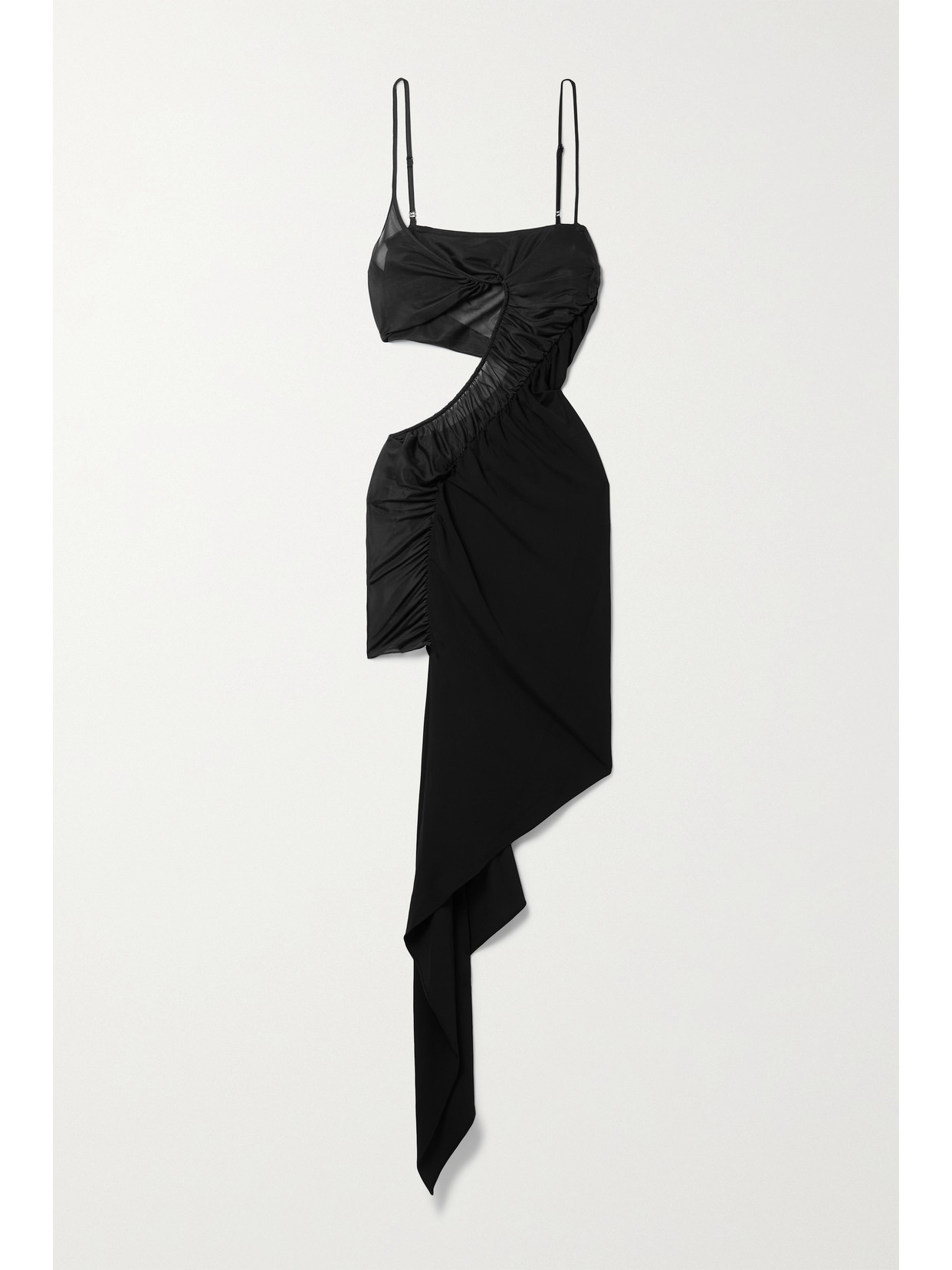 Shop Mugler Asymmetric Cutout Tulle-trimmed Stretch-jersey Mini Dress In Black