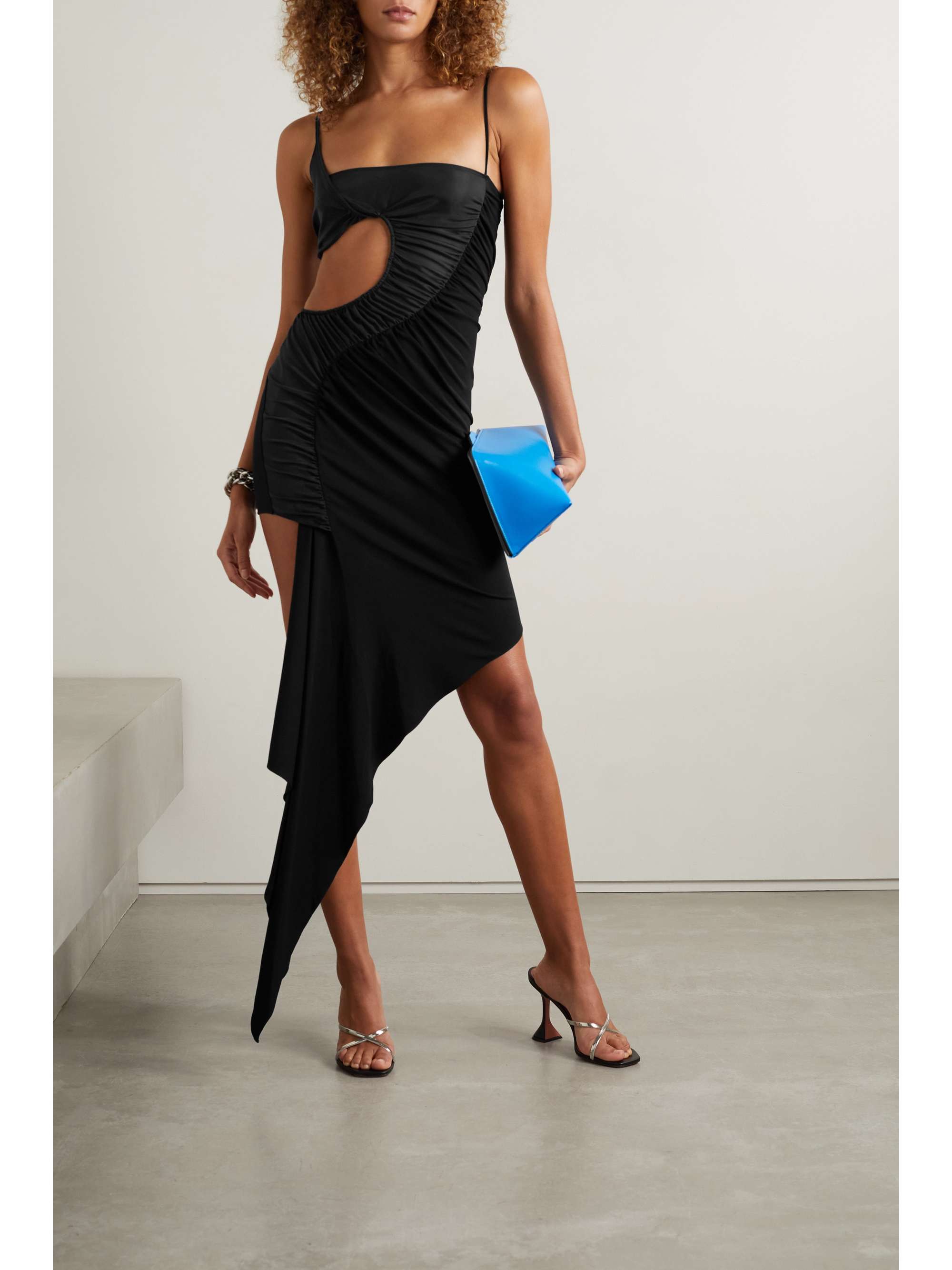 MUGLER Asymmetric cutout tulle-trimmed stretch-jersey mini dress