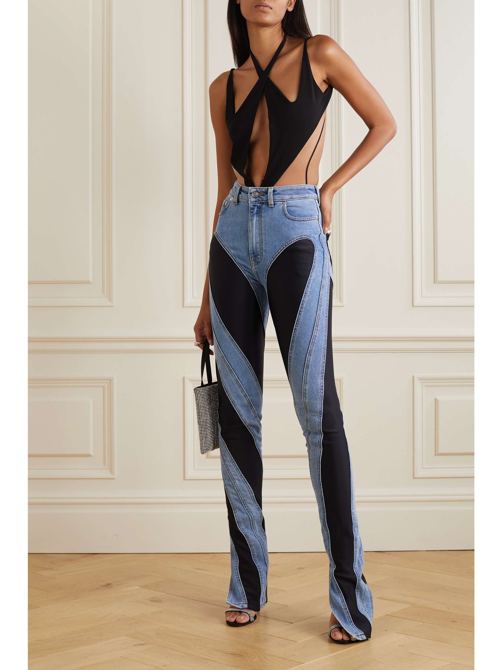 MUGLER Stretch-jersey paneled high-rise skinny jeans