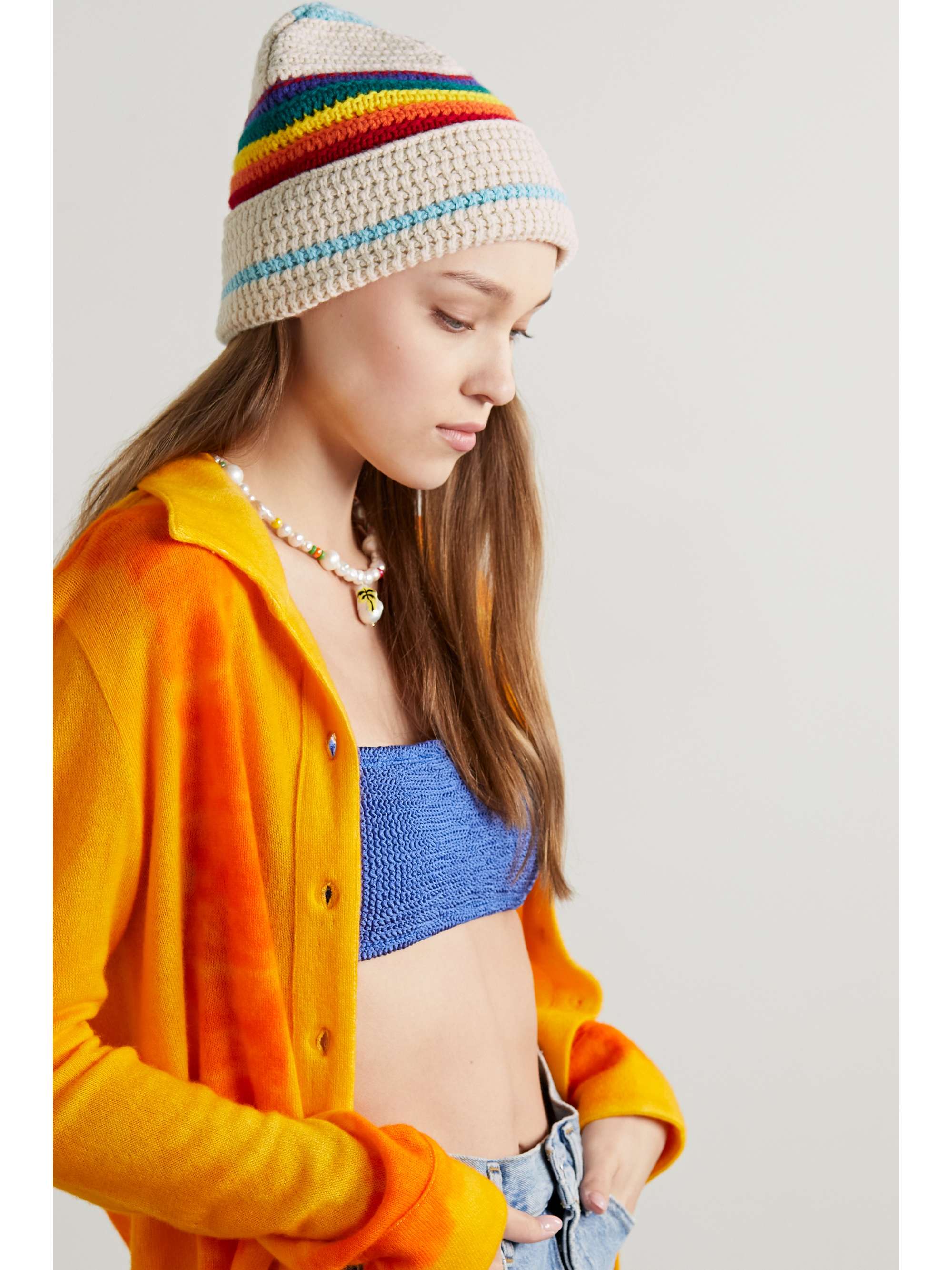 Cream Appliquéd striped crochet-knit 