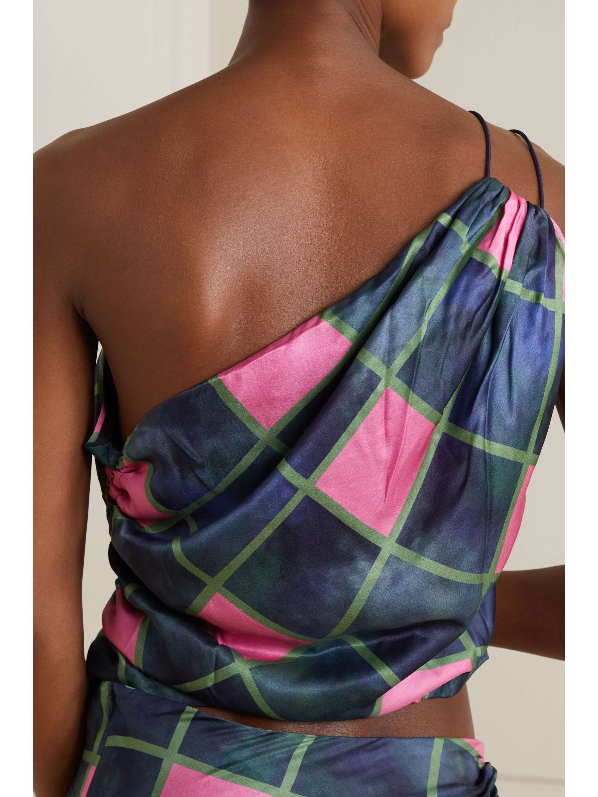 AHLUWALIA Patel one-shoulder draped printed matte-satin top