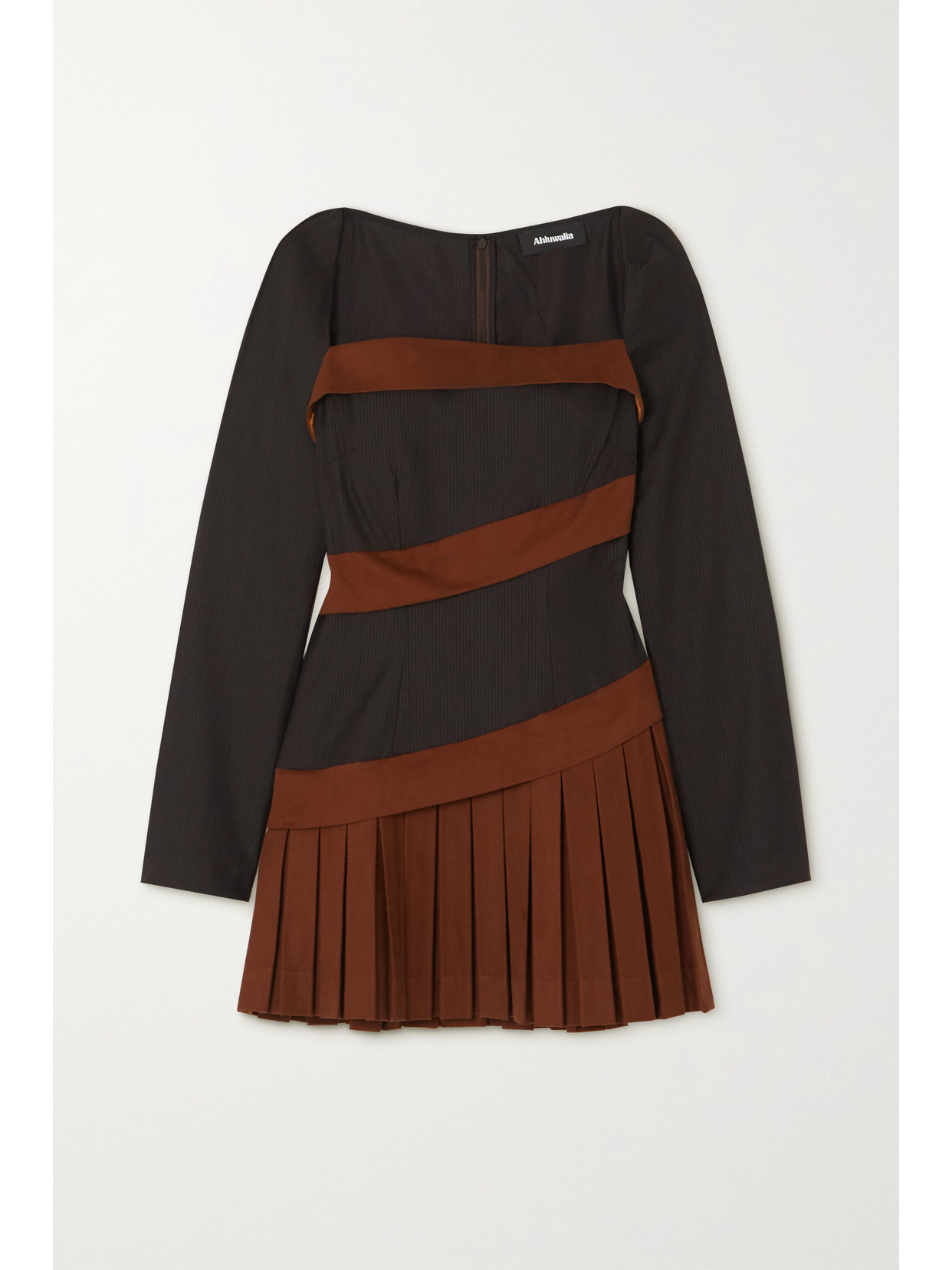 AHLUWALIA NERO DRILL AND PLEATED WOOL AND SILK-BLEND MINI DRESS