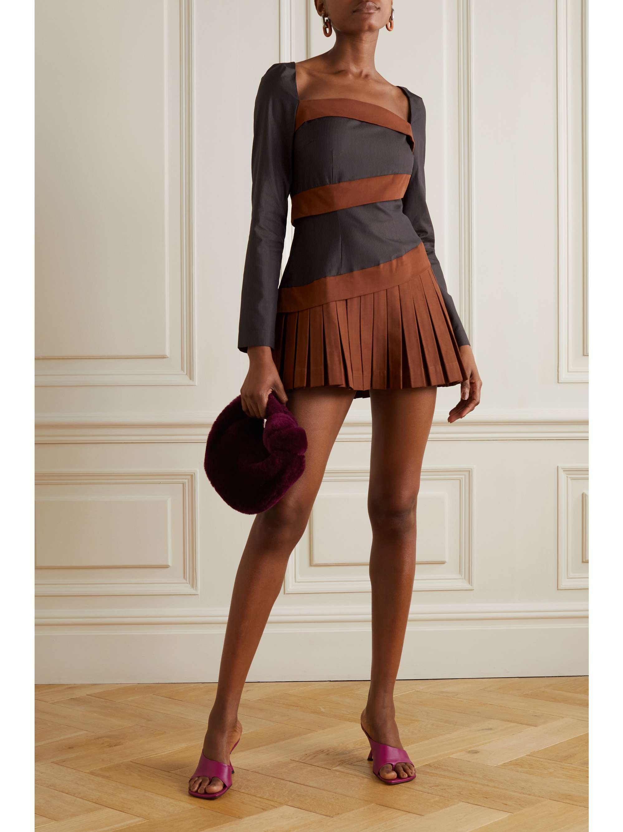 AHLUWALIA Nero drill and pleated wool and silk-blend mini dress