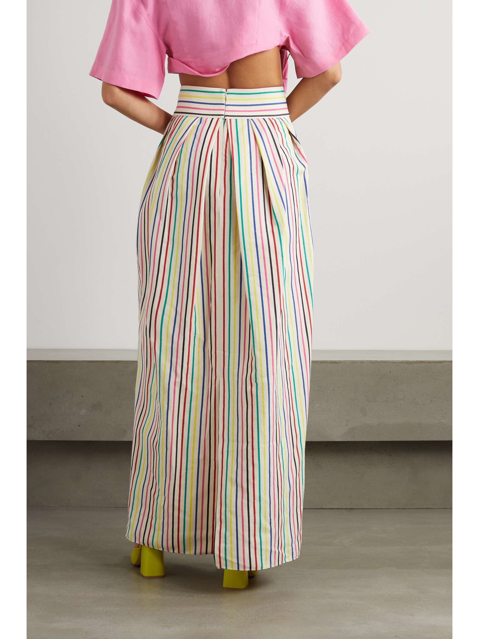 ROSIE ASSOULIN Vita pleated striped cotton and linen-blend maxi skirt