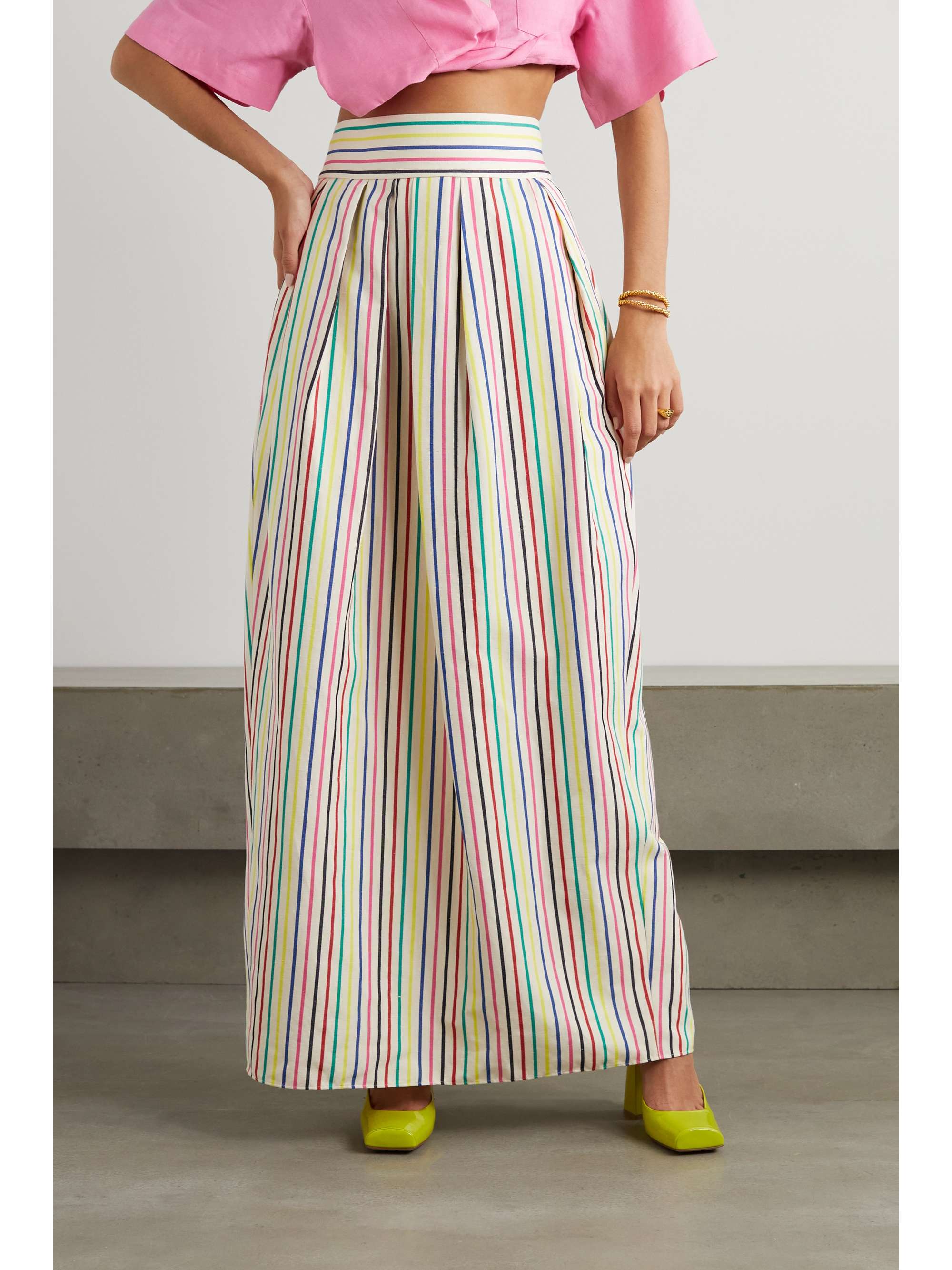 ROSIE ASSOULIN Vita pleated striped cotton and linen-blend maxi skirt