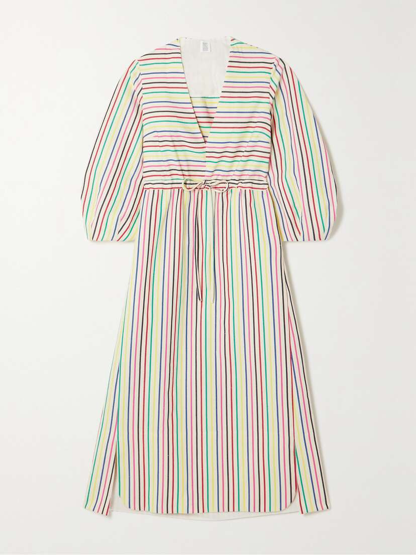 Rosie Assoulin Vivella Gathered Striped Cotton And Linen-blend Midi Dress