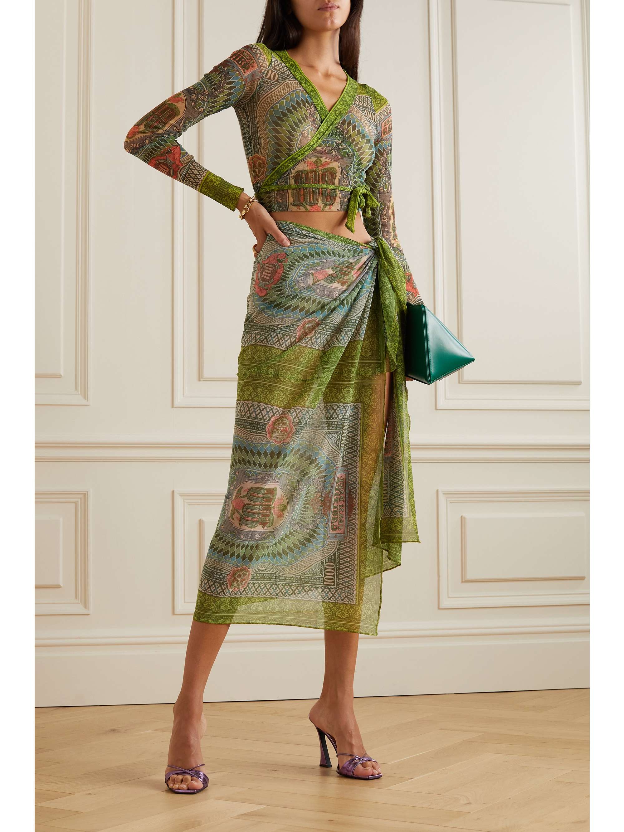 JEAN PAUL GAULTIER Cropped printed stretch-mesh wrap top