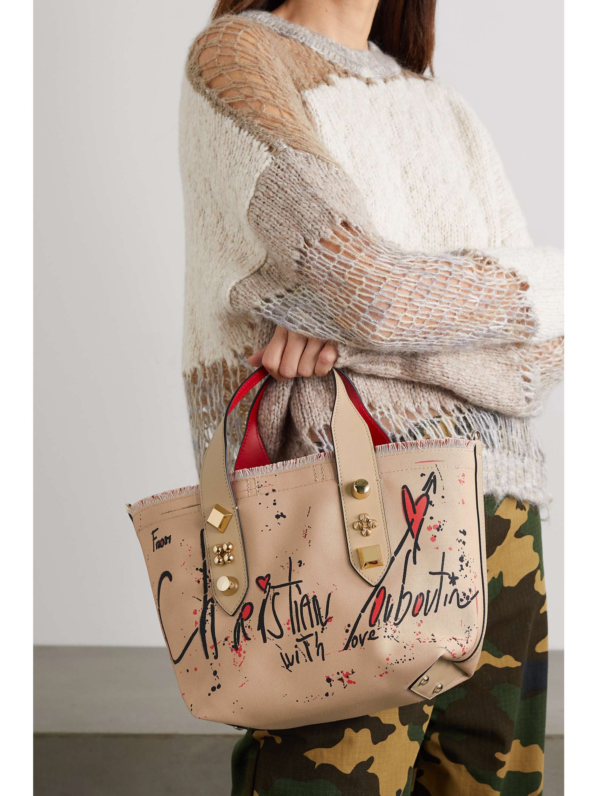 CHRISTIAN LOUBOUTIN Frangibus small leather-trimmed frayed printed