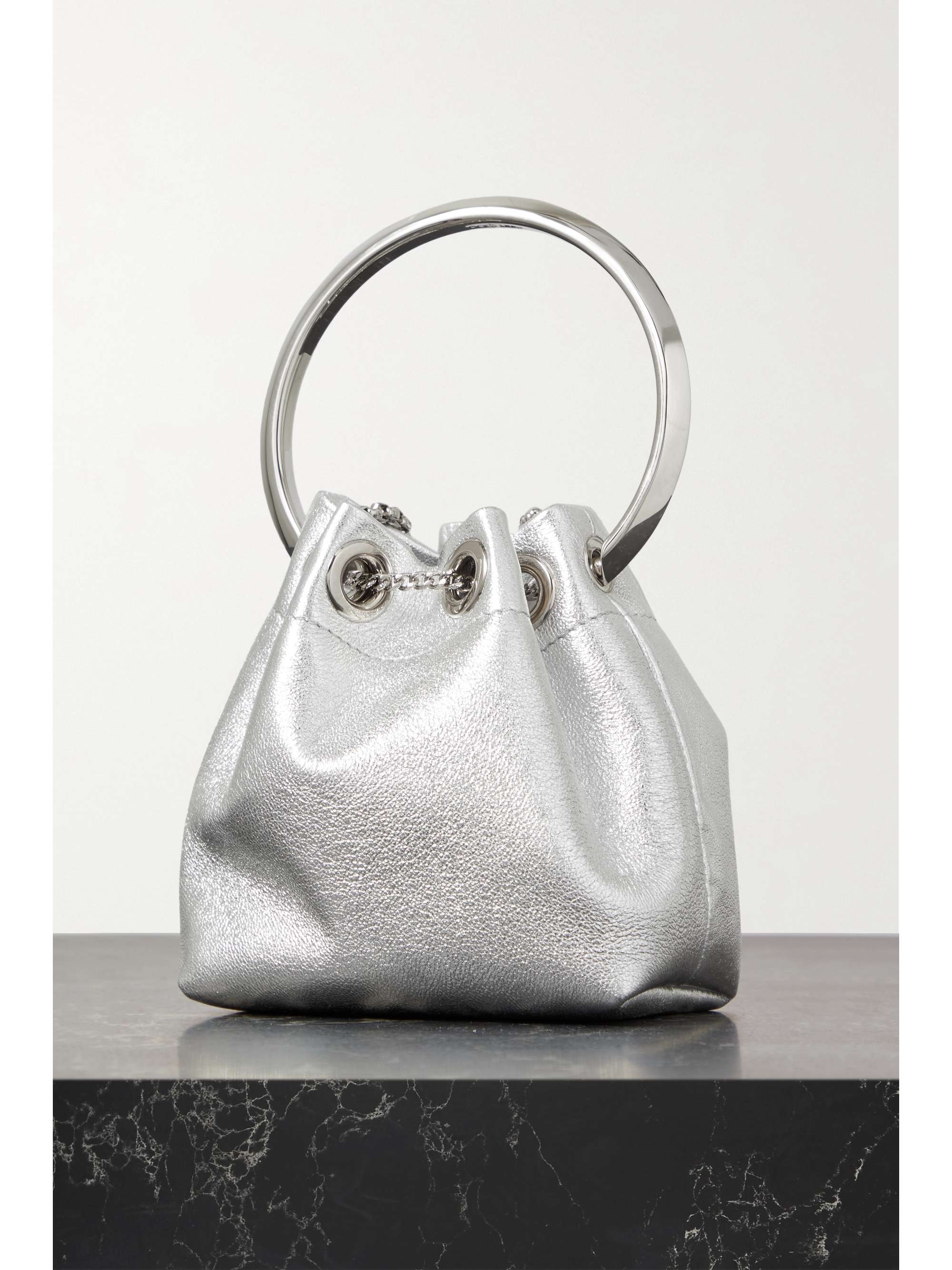 JIMMY CHOO Bon Bon micro metallic leather bucket bag