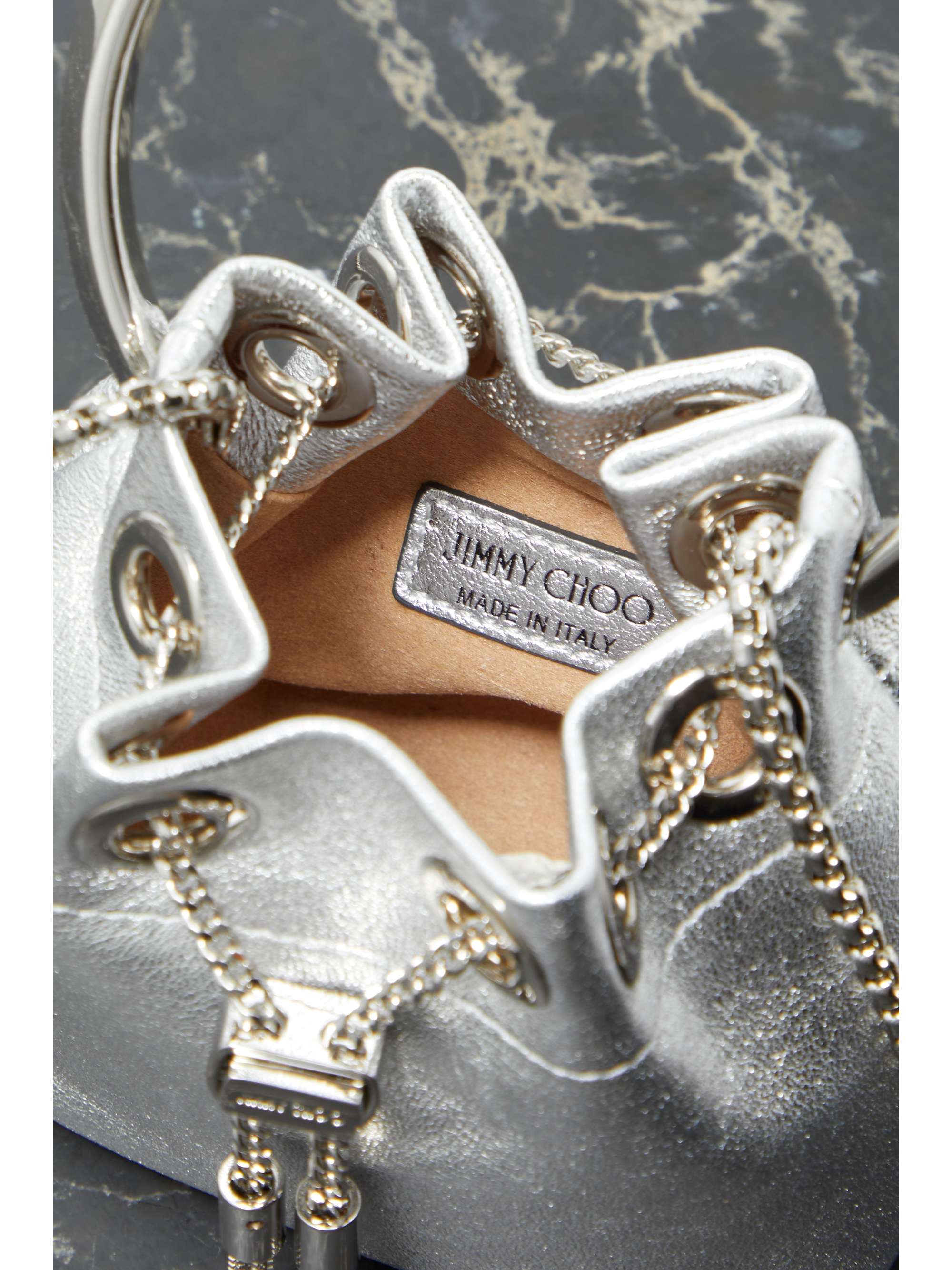JIMMY CHOO Bon Bon micro metallic leather bucket bag