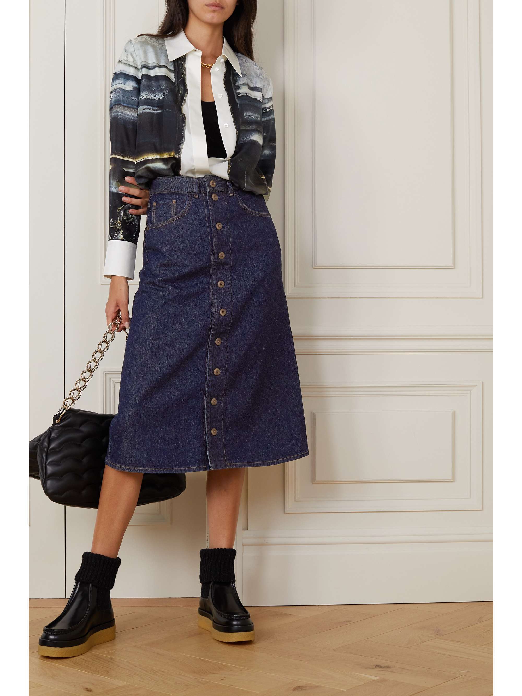 CHLOÉ Agung recycled denim midi skirt | NET-A-PORTER