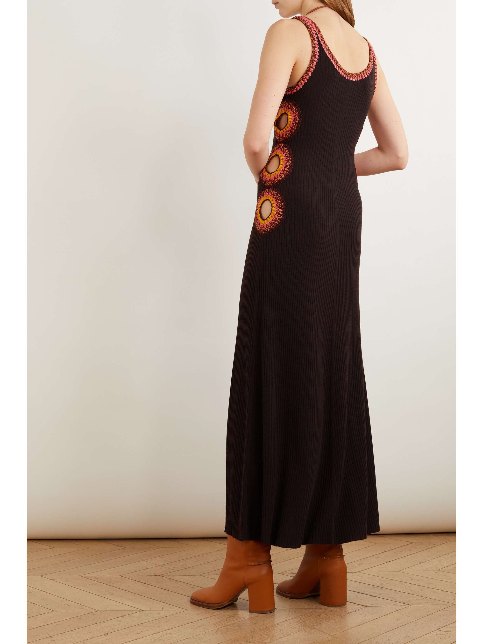 CHLOÉ Cutout crochet-trimmed ribbed wool maxi dress
