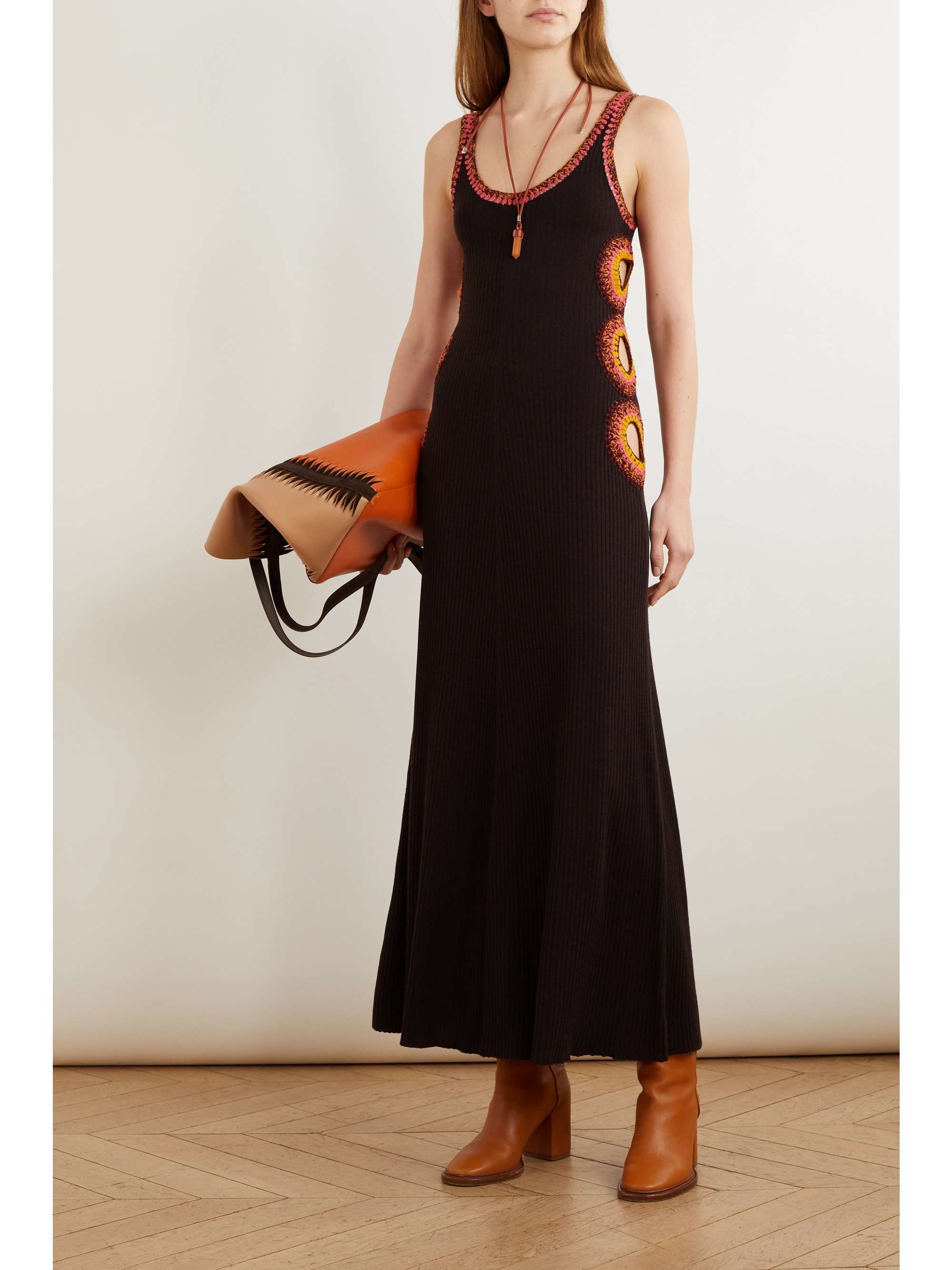 CHLOÉ Cutout crochet-trimmed ribbed wool maxi dress