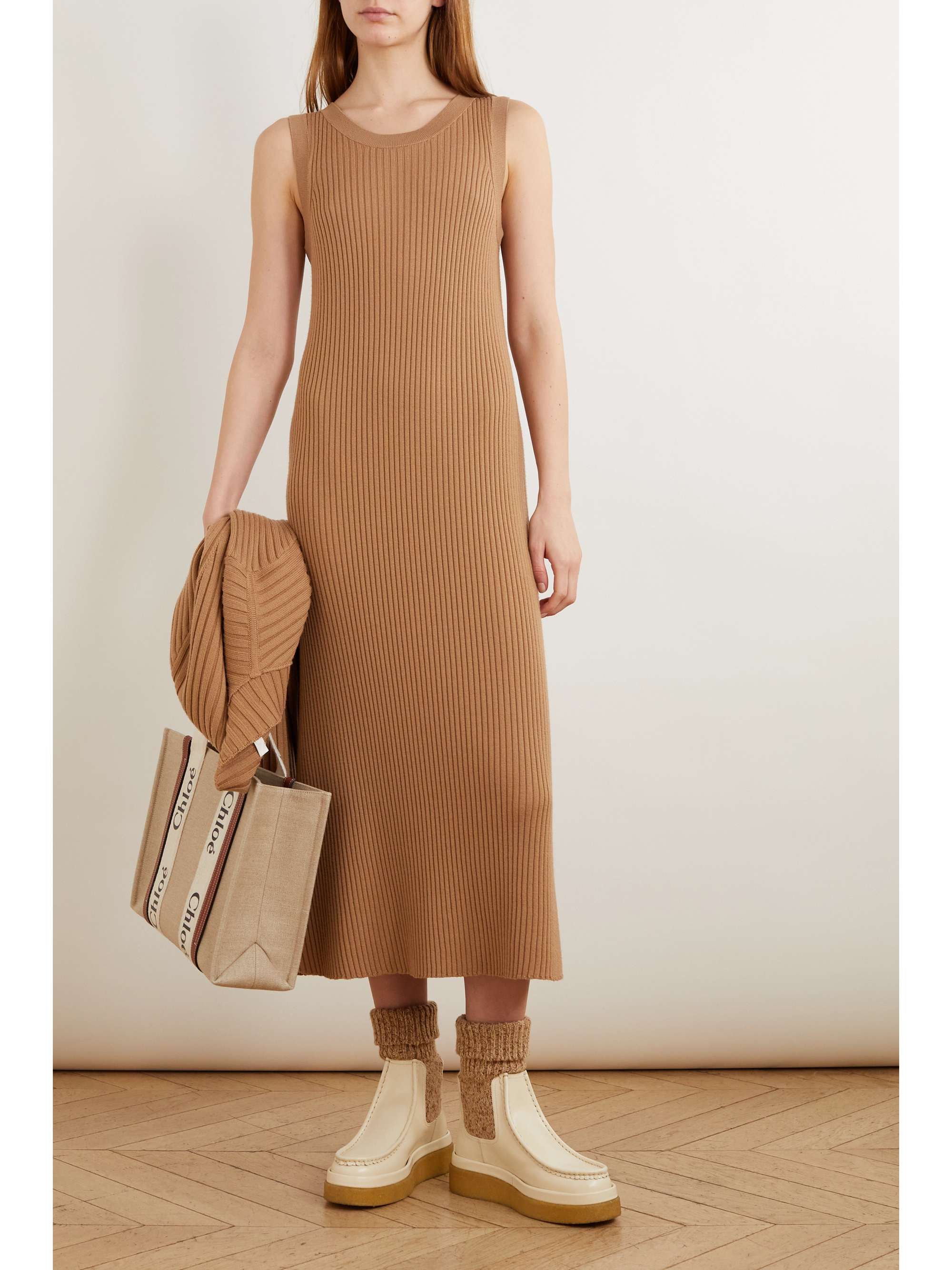 CHLOÉ Ribbed wool and cashmere-blend midi dress