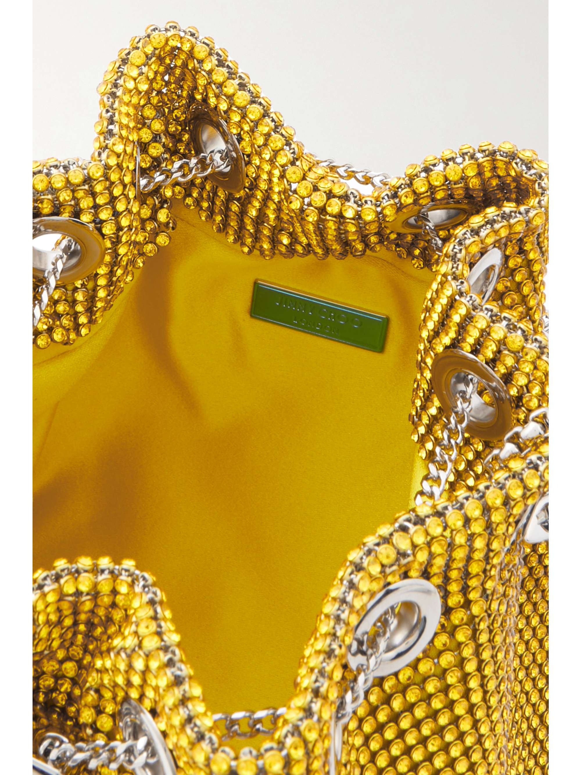 JIMMY CHOO Bon Bon crystal-embellished satin bucket bag