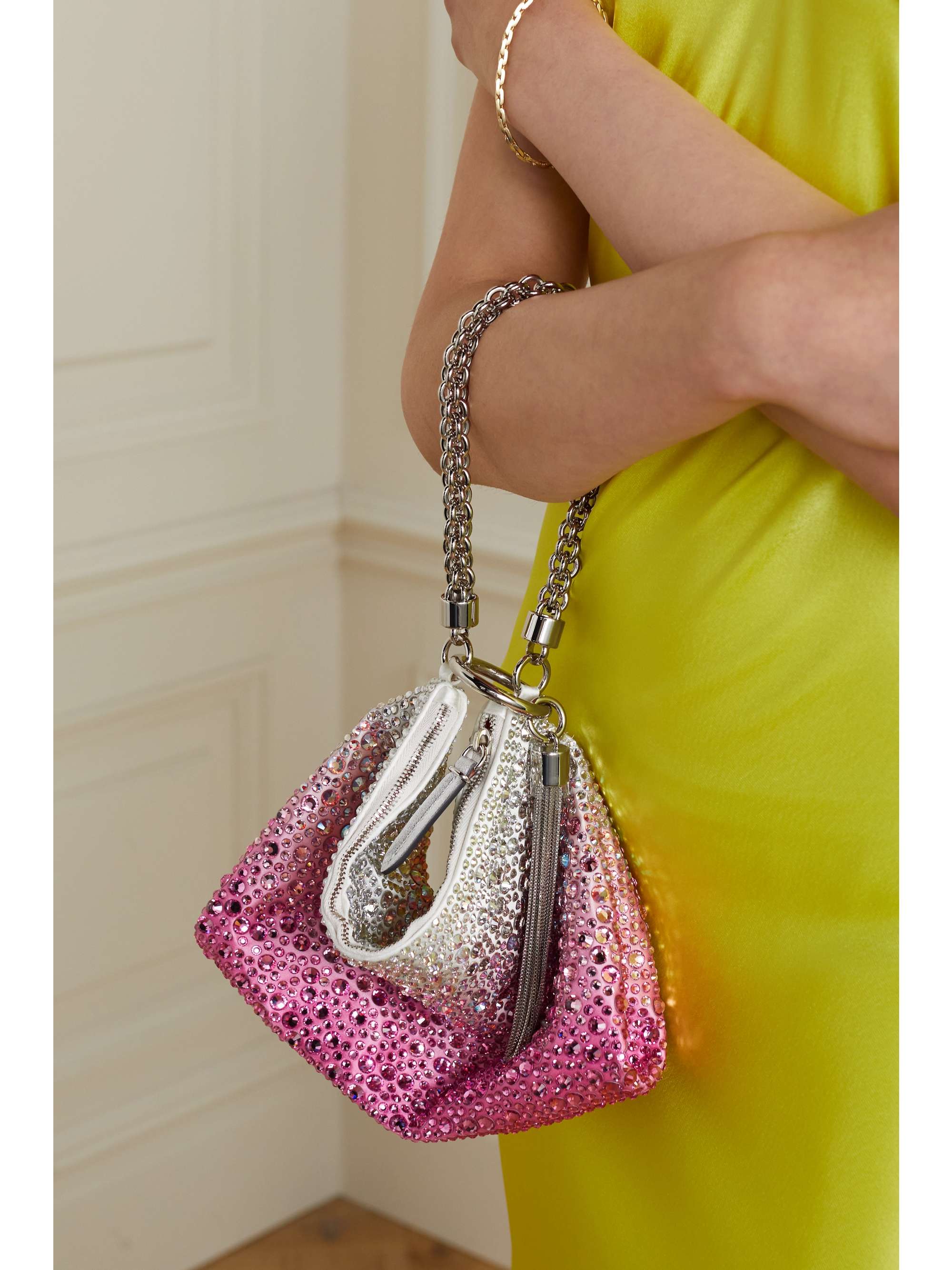 JIMMY CHOO Callie tasseled crystal-embellished degradé satin shoulder bag