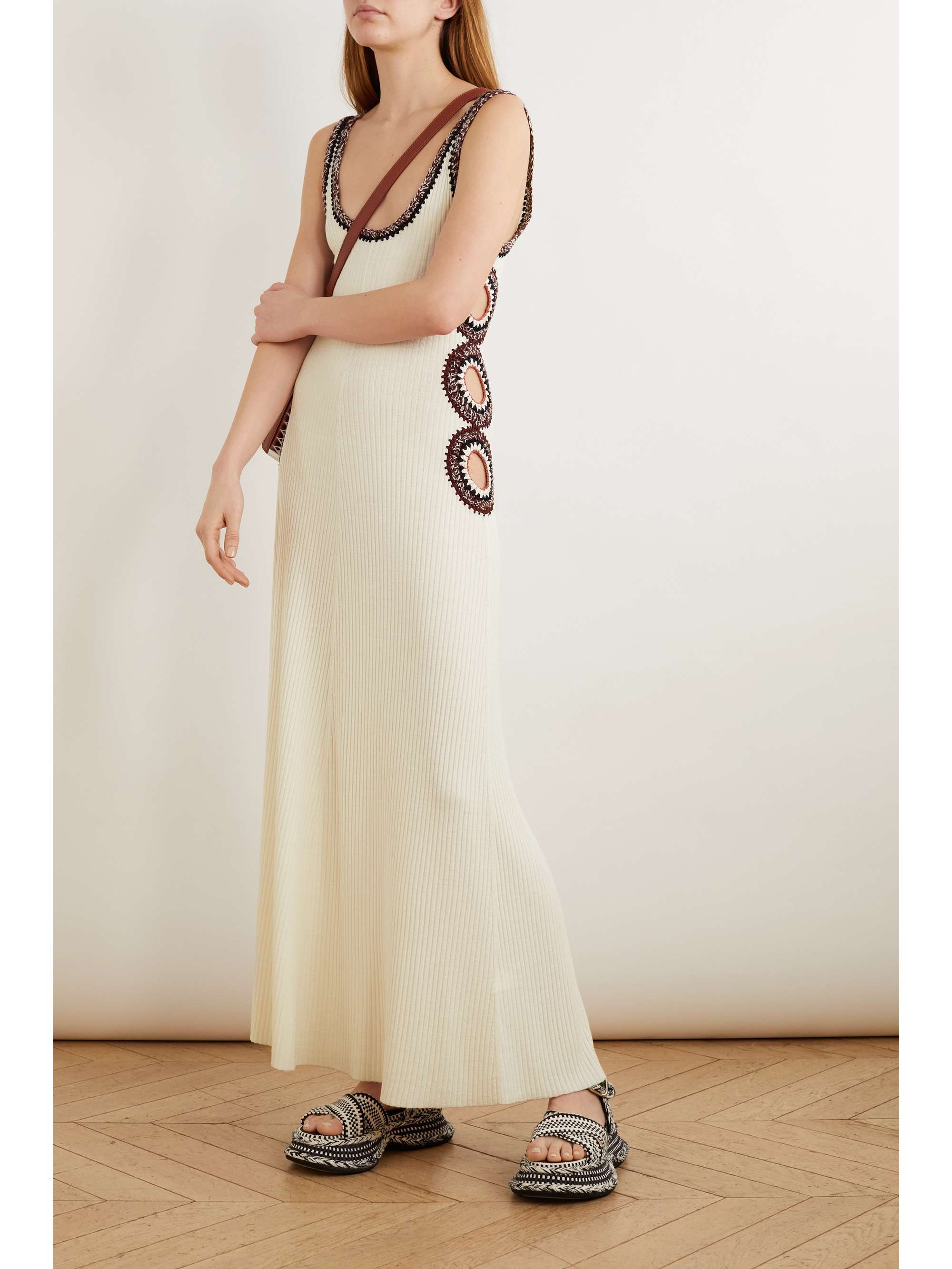 CHLOÉ Cutout crochet-trimmed ribbed wool maxi dress