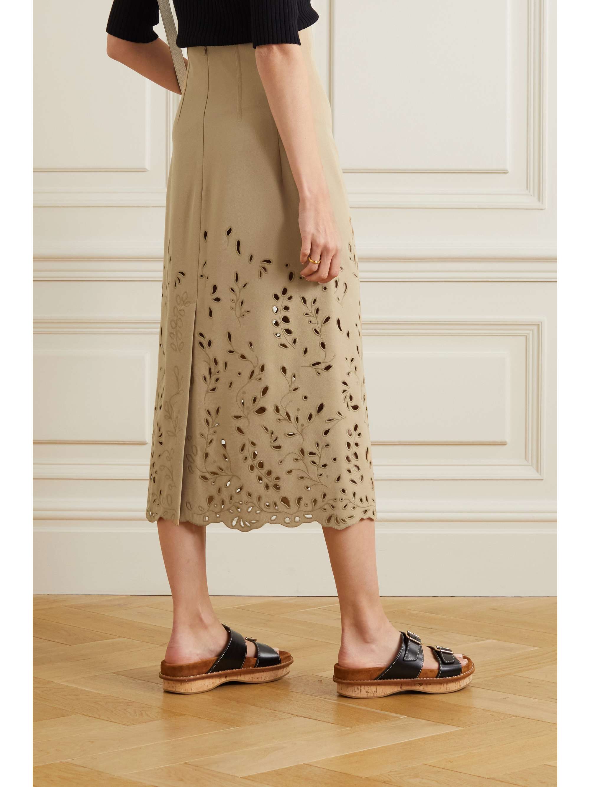 CHLOÉ Broderie anglaise wool-twill midi skirt