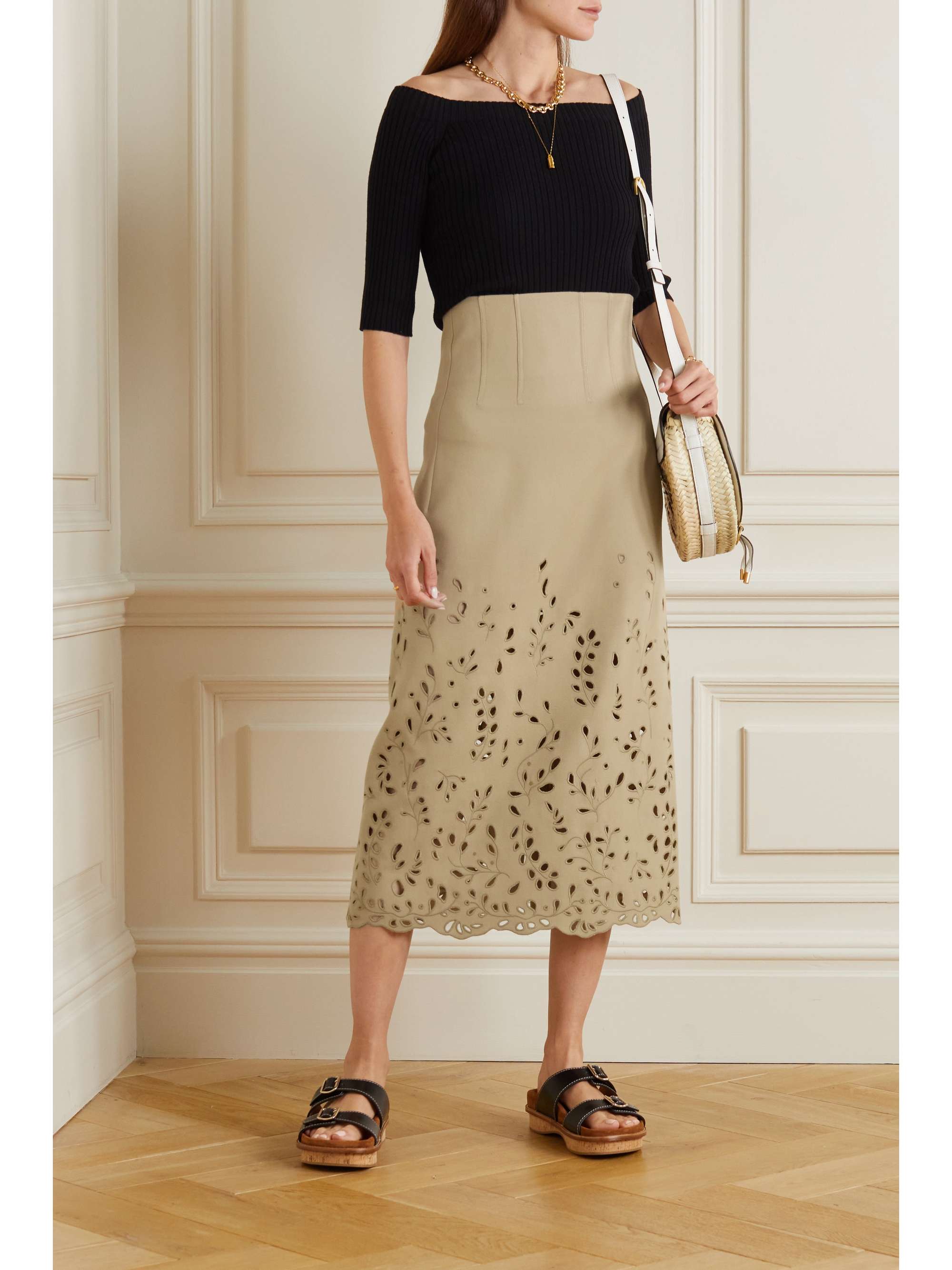 CHLOÉ Broderie anglaise wool-twill midi skirt