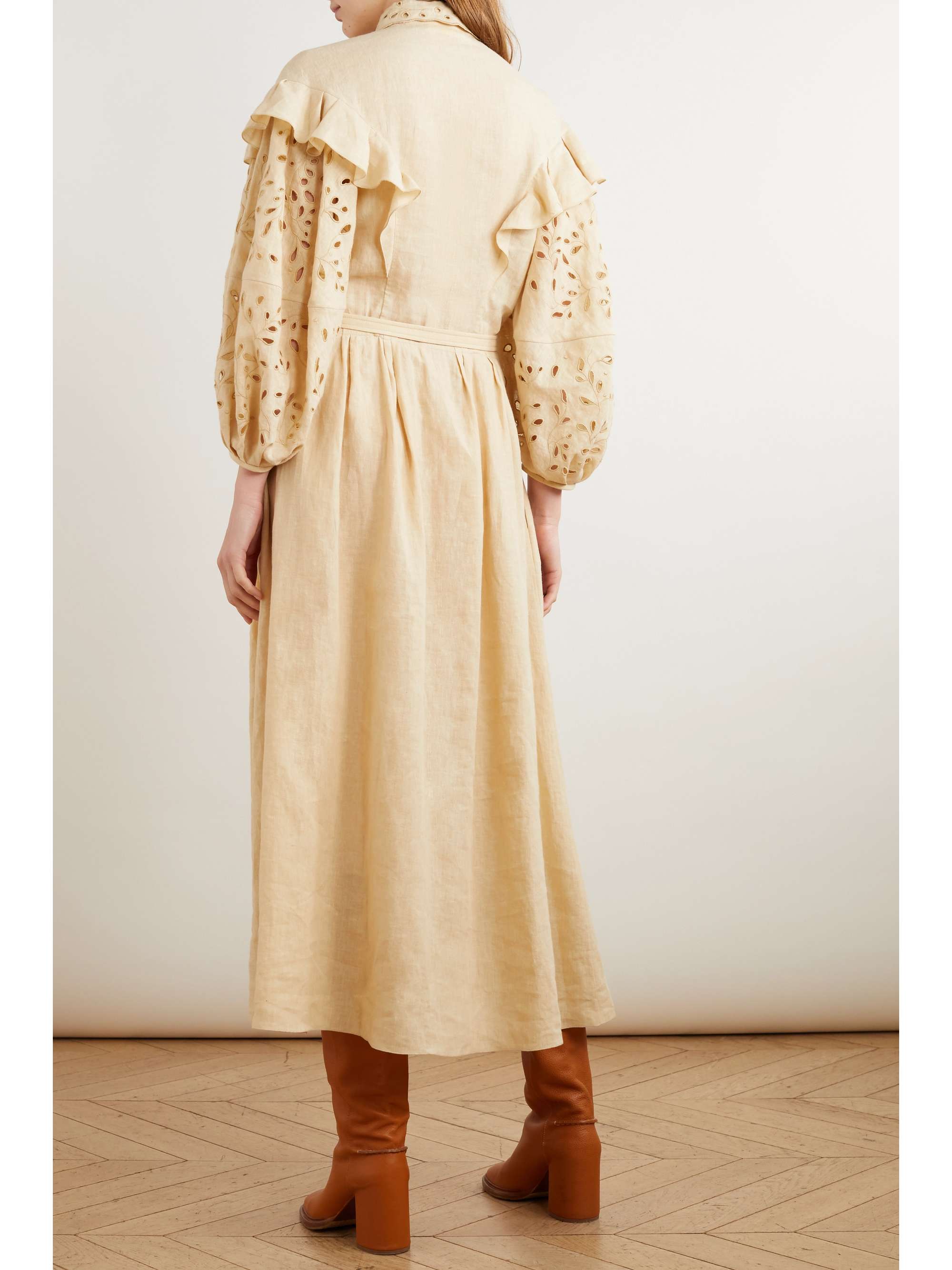 CHLOÉ Belted ruffled broderie anglaise linen maxi dress