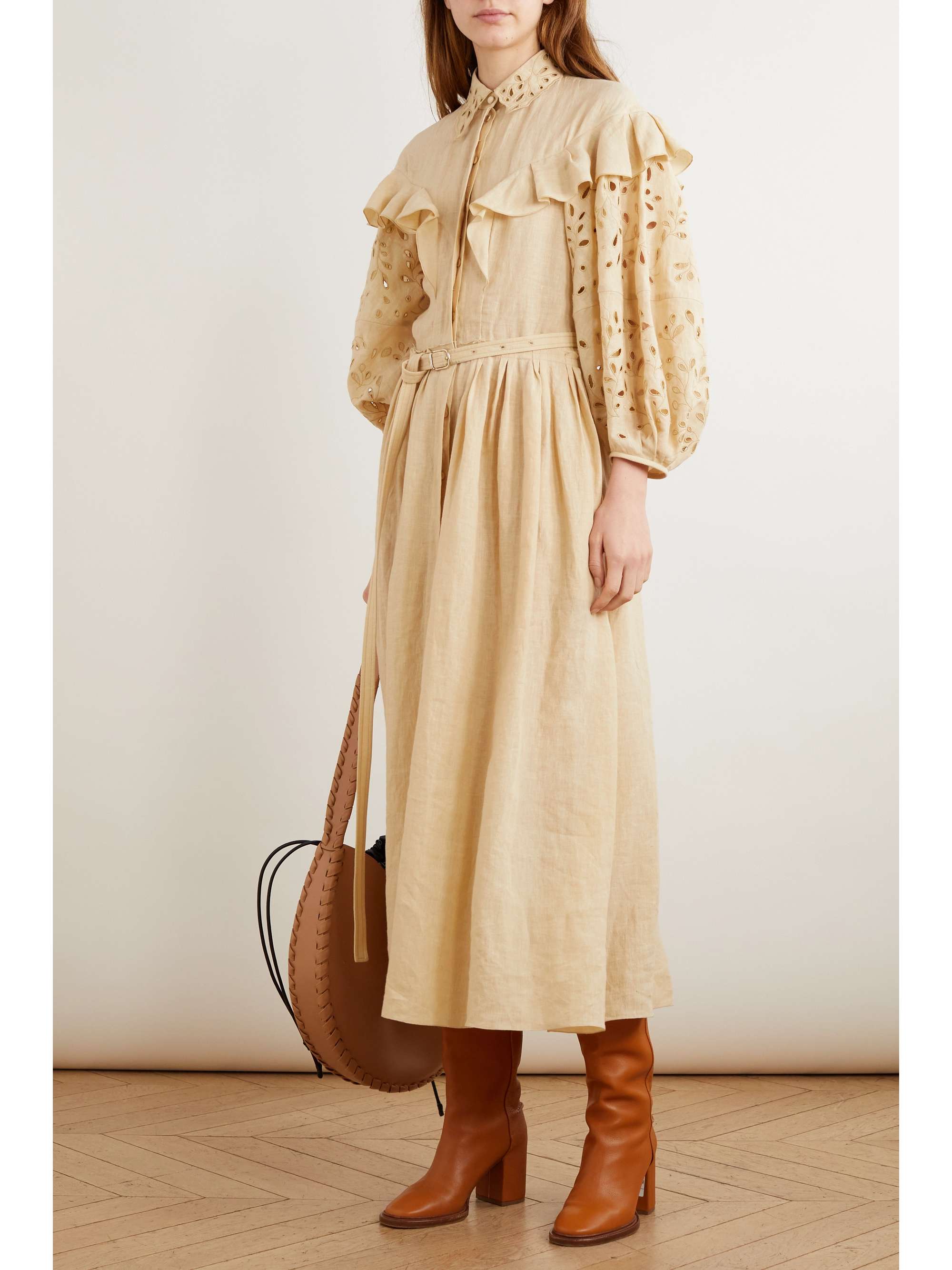 CHLOÉ Belted ruffled broderie anglaise linen maxi dress