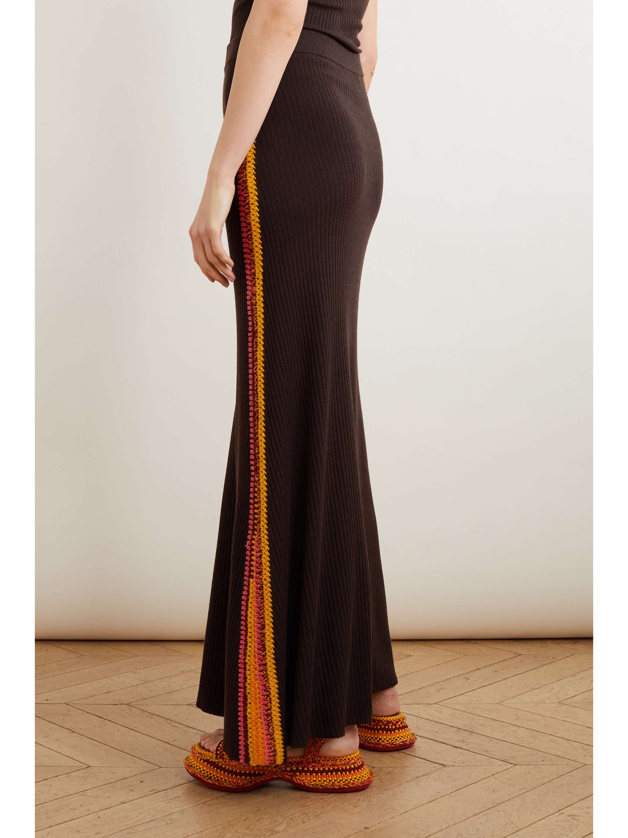 CHLOÉ Striped crochet-trimmed ribbed wool maxi skirt